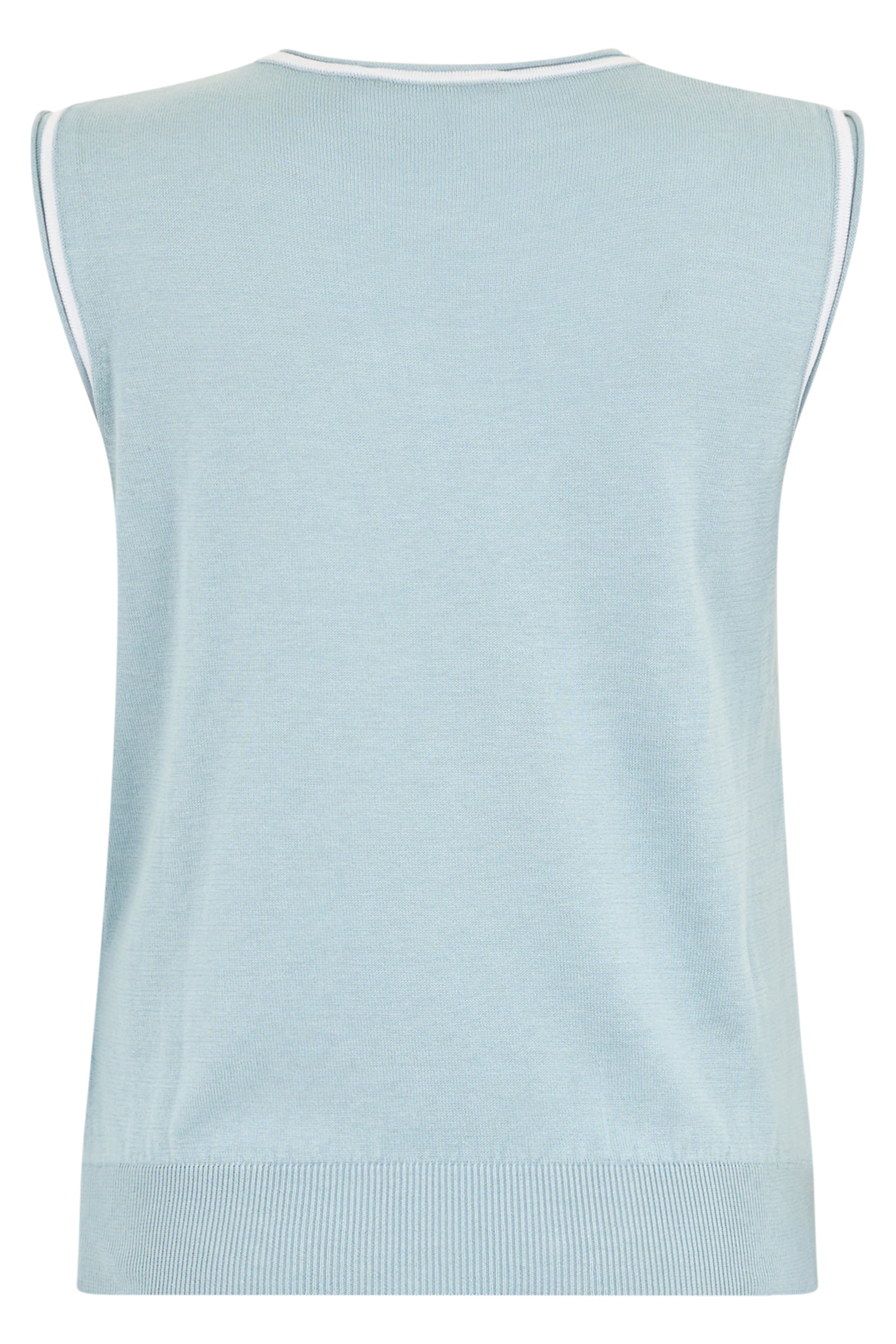 Sleeveless blue sweater, lightweight and versatile.