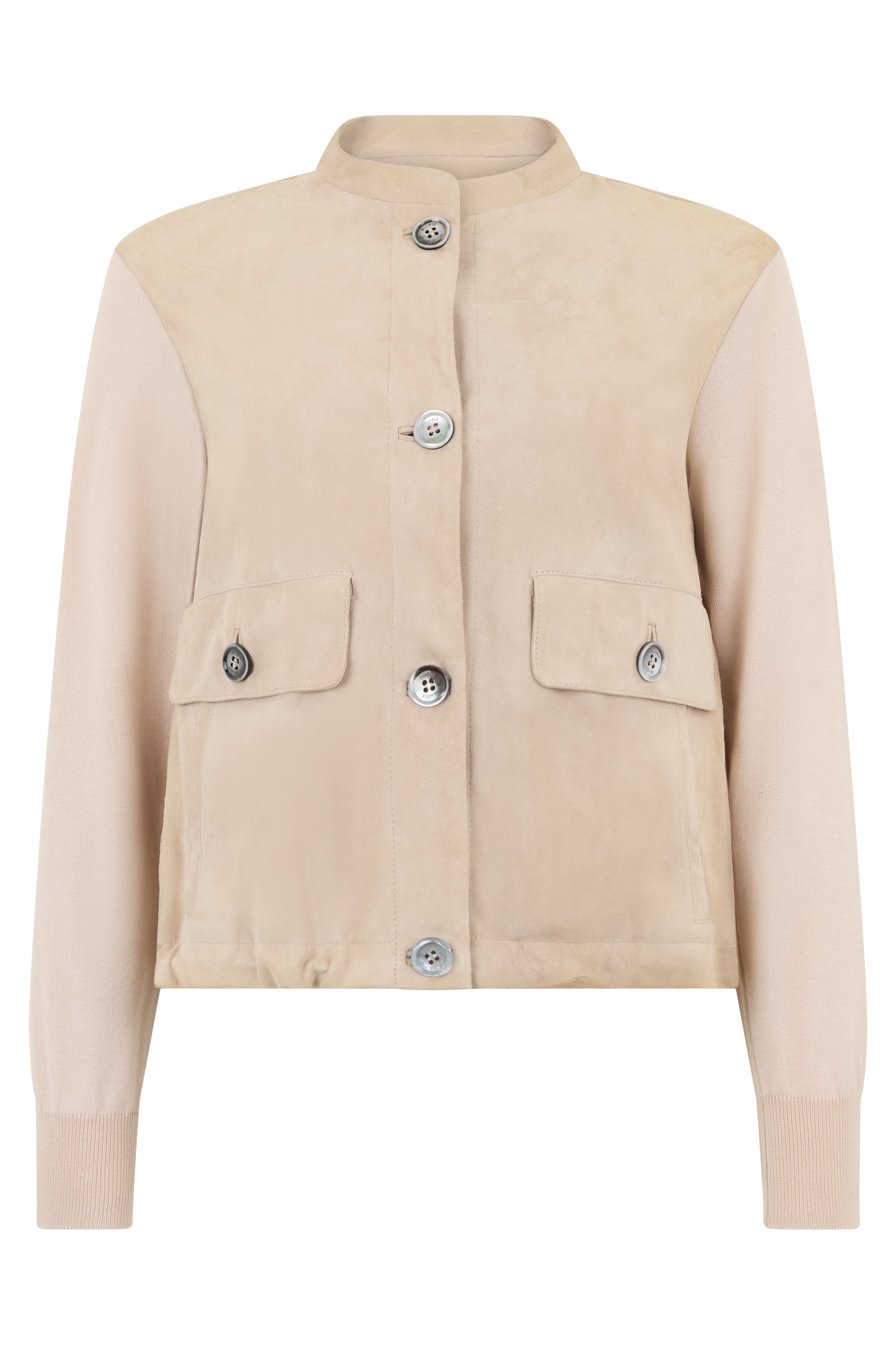 Light beige versatile jacket with collar and buttons.