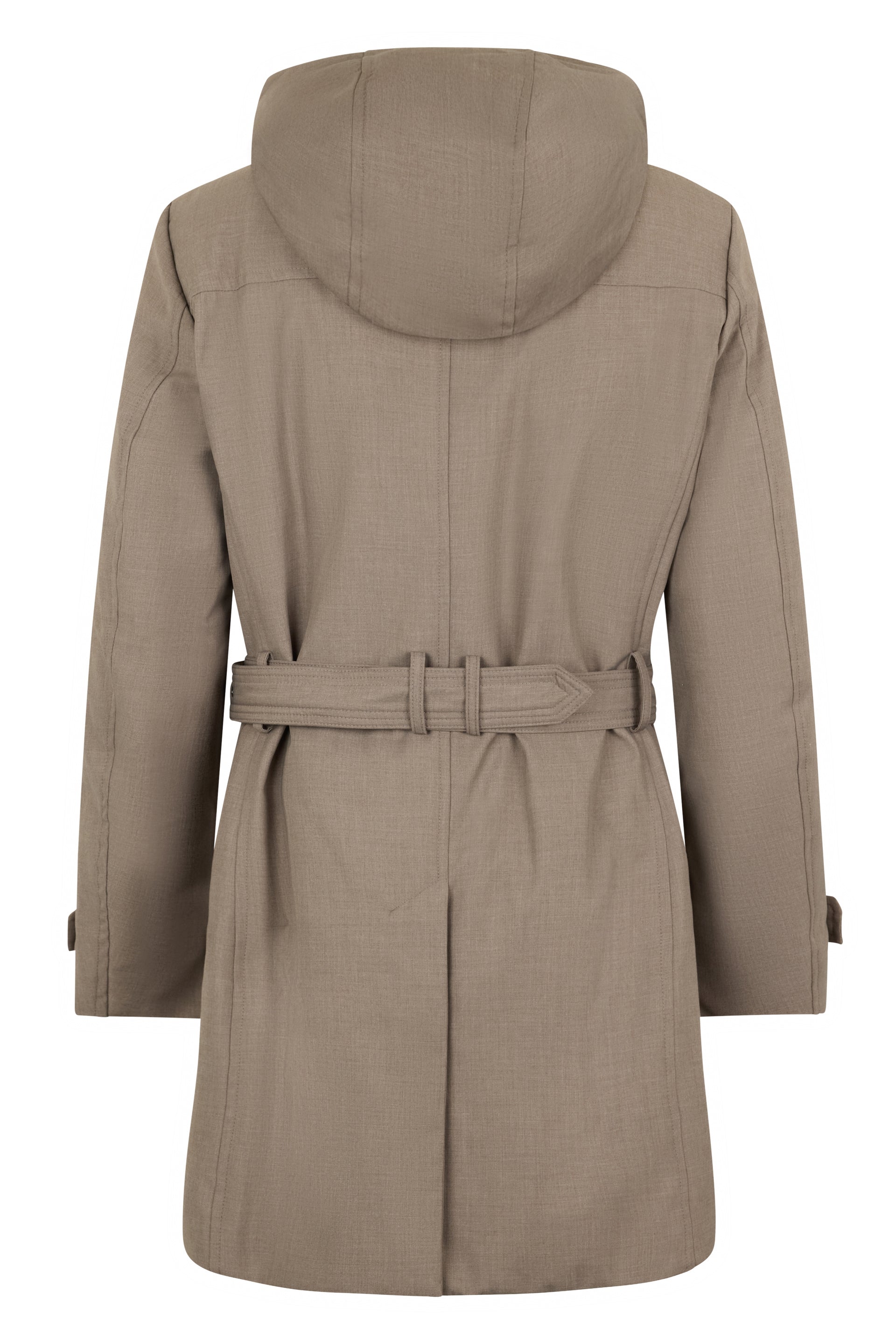 Beige winter jacket with belt and hood