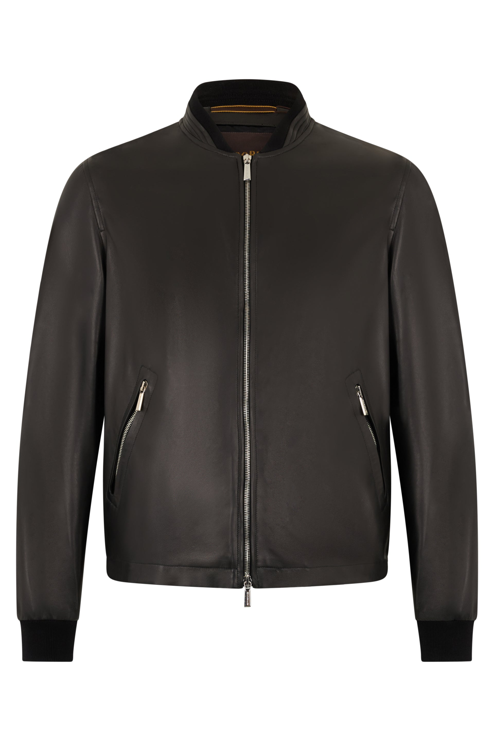 Classic black leather jacket with zippers and side pockets.