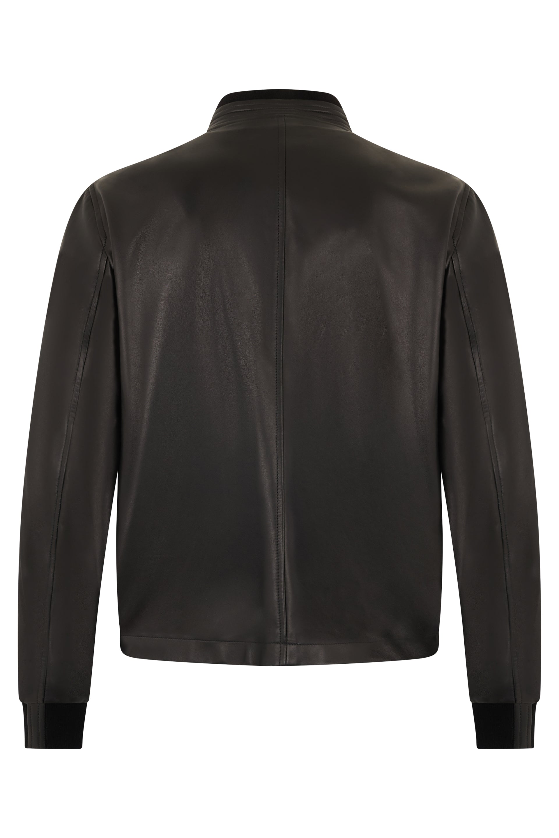 Classic black leather jacket with zippers and side pockets.