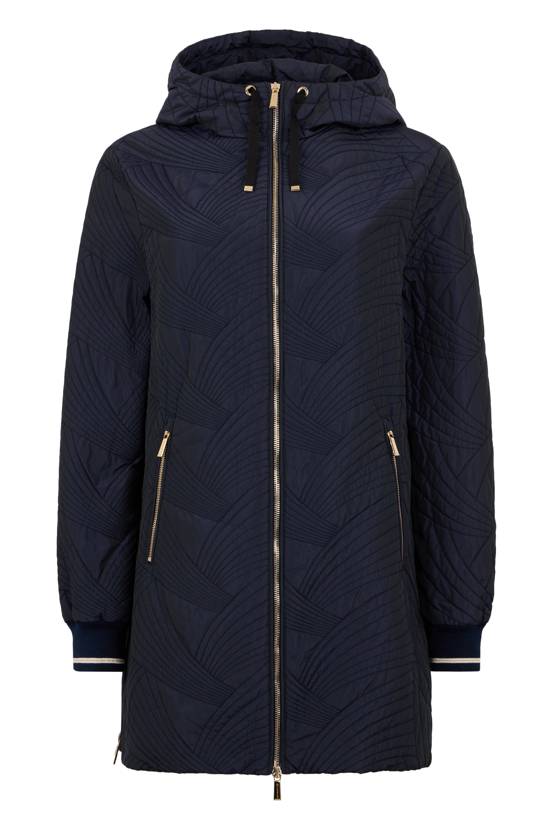 Long dark blue padded coat with hood and pockets.