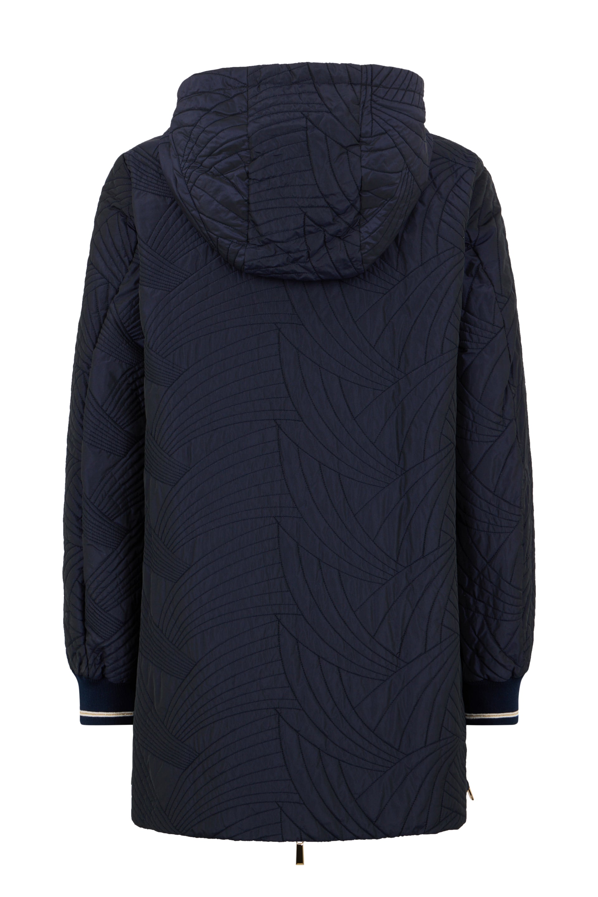 Long dark blue padded coat with hood and pockets.