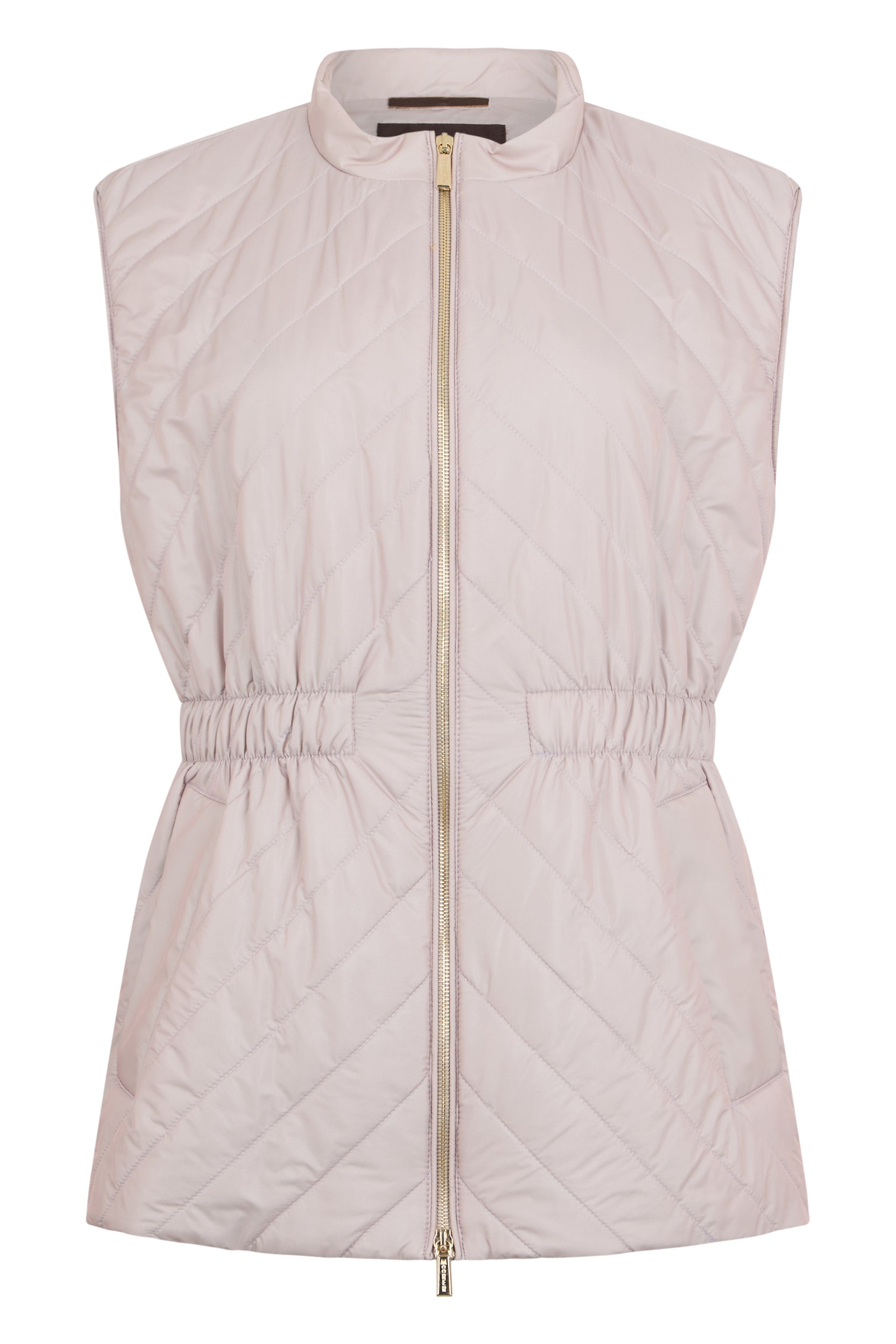 Sleeveless jacket in sand color with zipper.