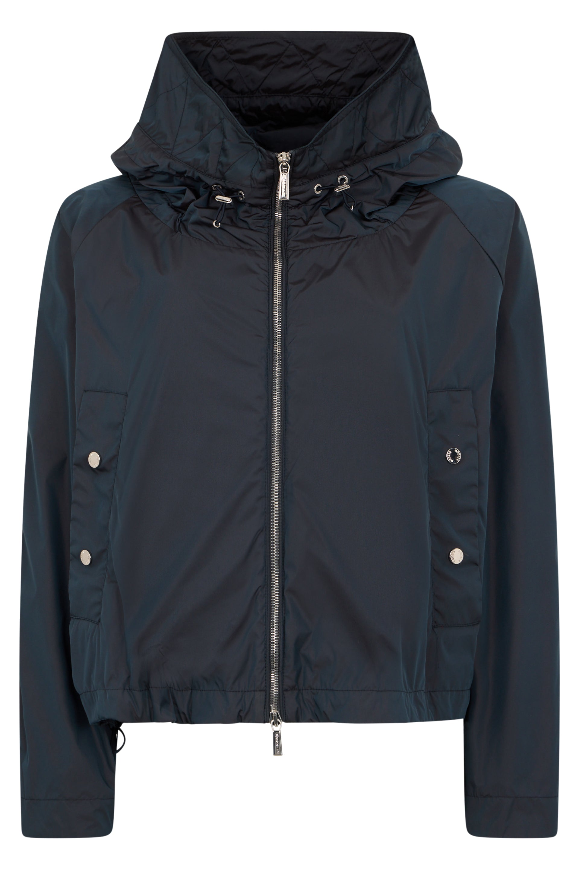 Light blue jacket with hood, casual and versatile.