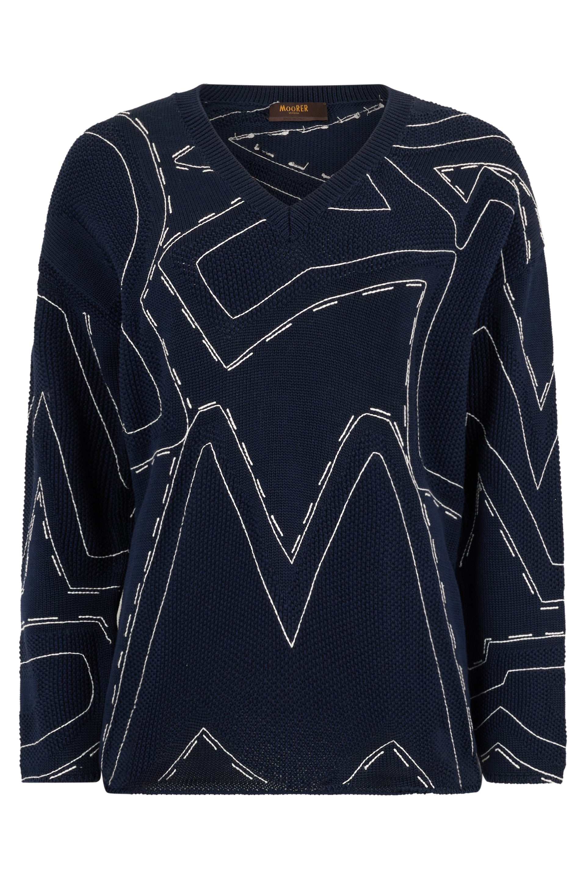 Dark blue sweater with elegant geometric patterns.