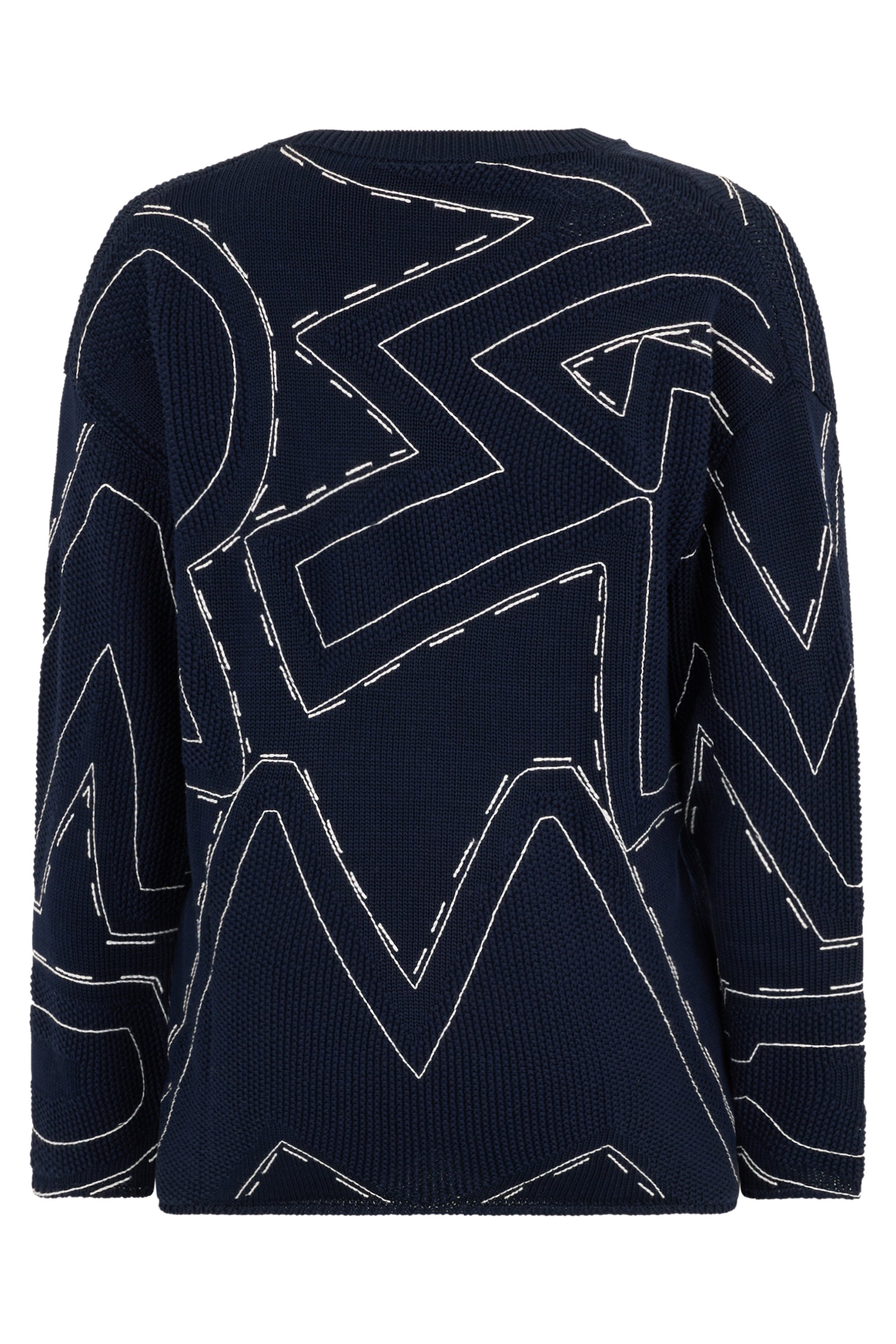 Dark blue sweater with elegant geometric patterns.