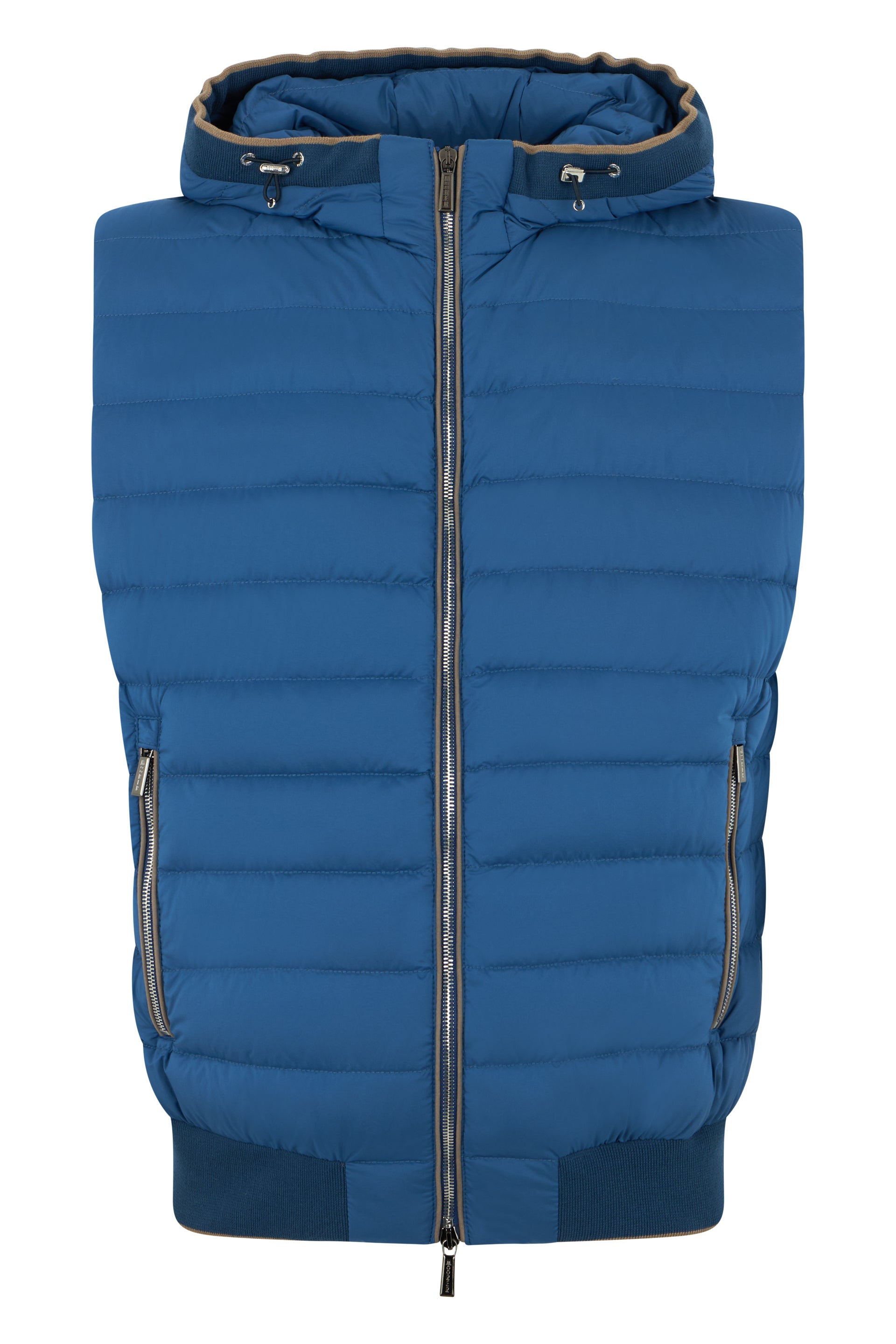 Blue padded gilet with hood and zip