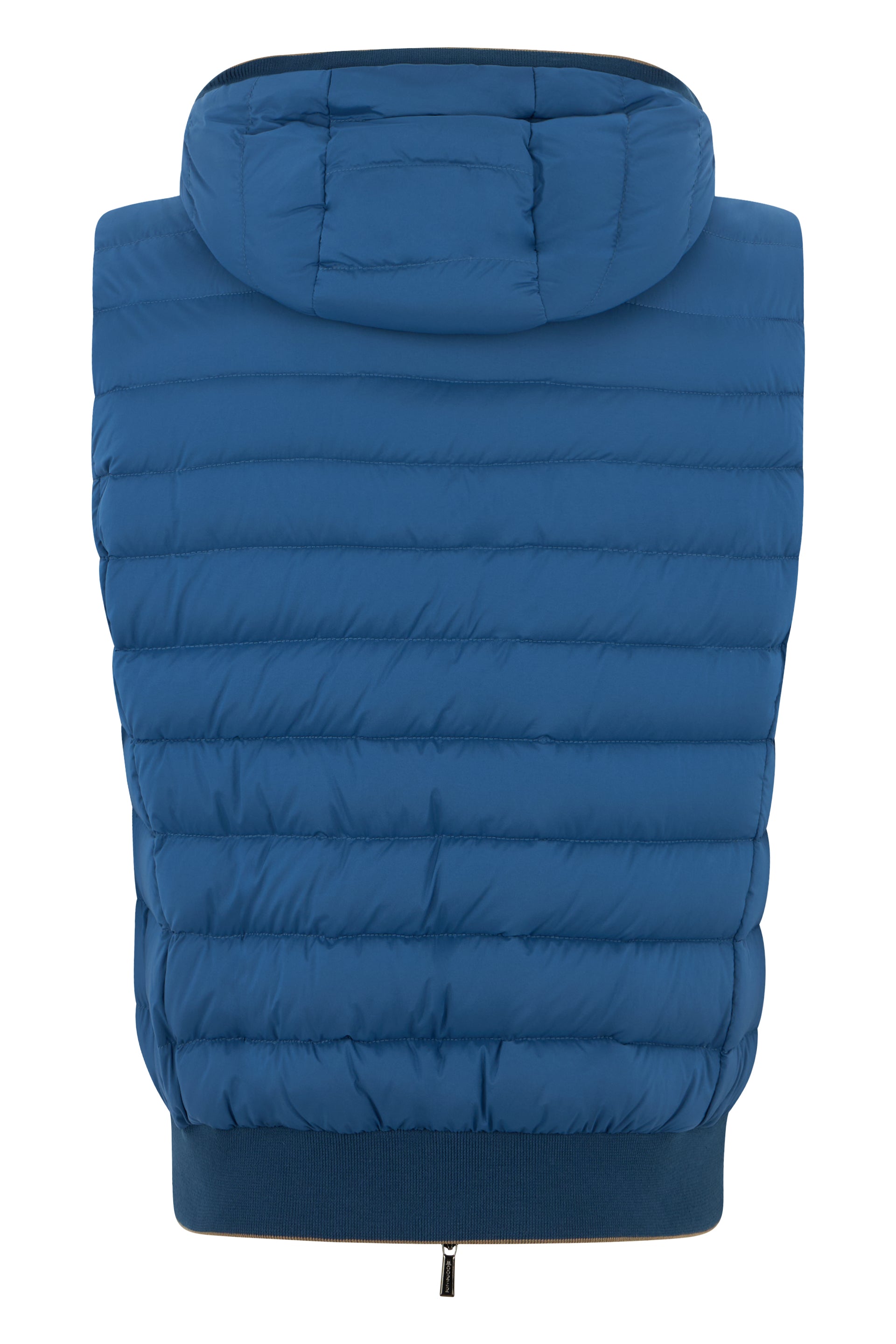 Blue padded gilet with hood and zip