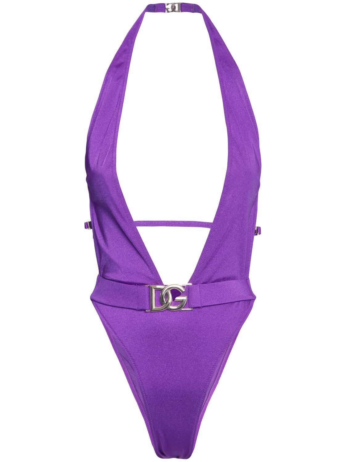 Purple one-piece swimsuit with deep neckline