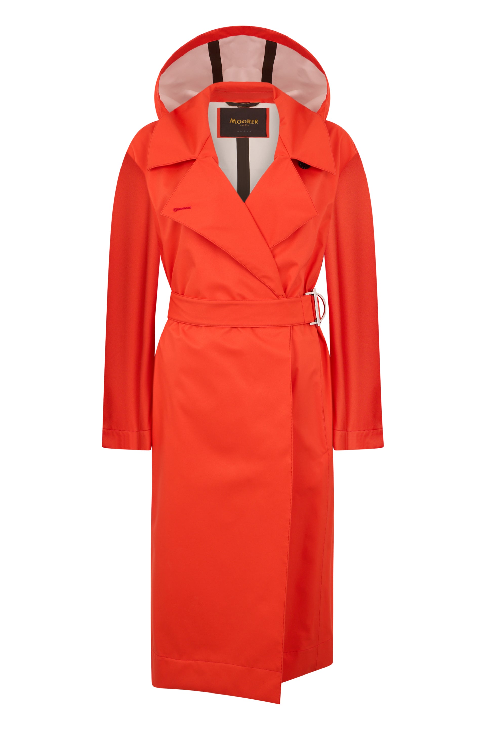 Elegant long red trench coat with hood