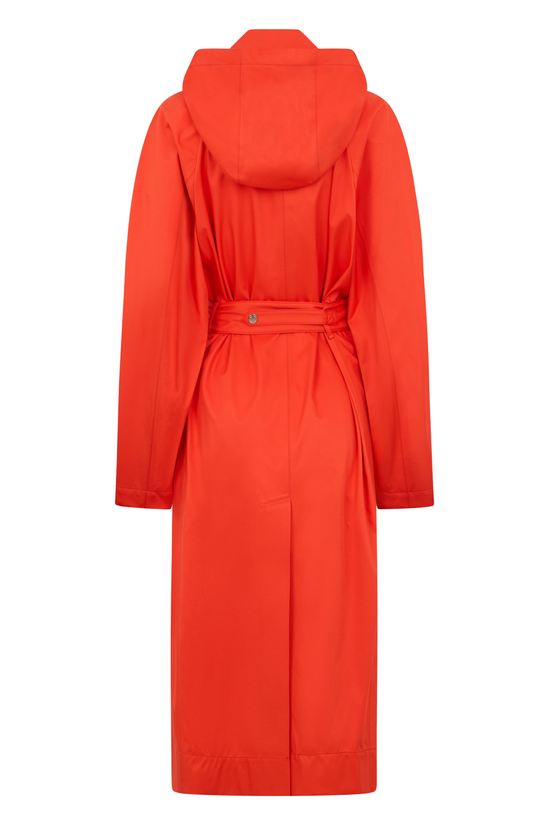 Elegant long red trench coat with hood