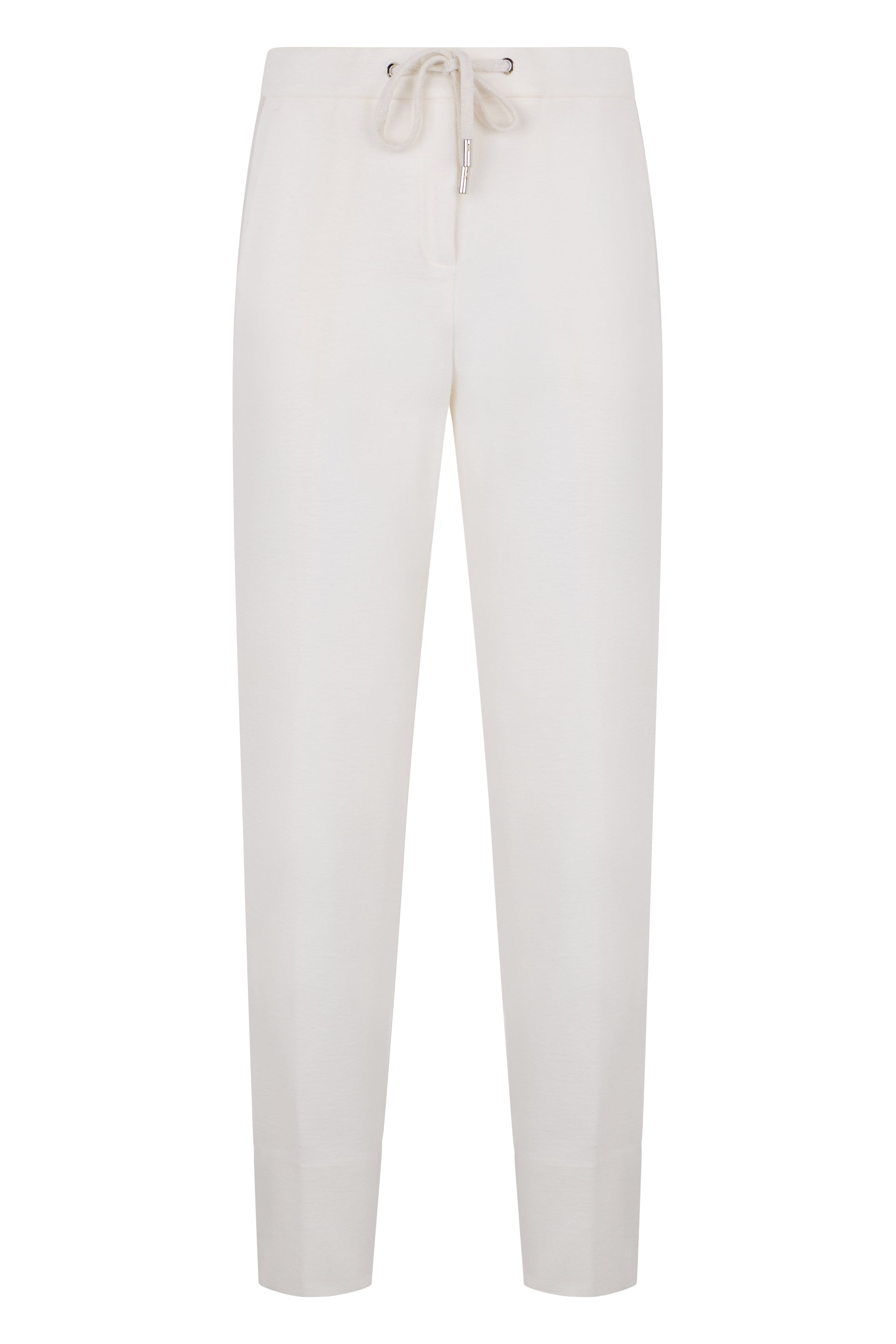White pants with an elegant design and adjustable waistband for a casual and fashionable look.