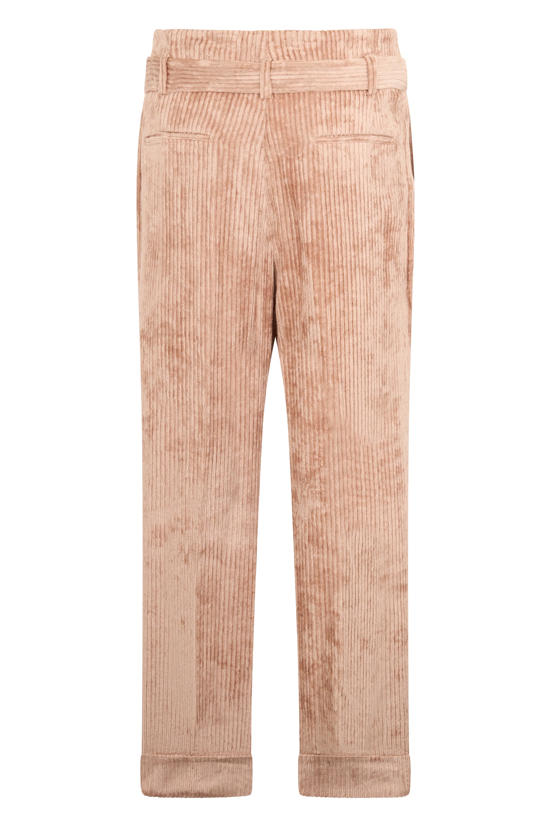 Beige modern high-waisted trousers long at 7/8 that offer comfort and style.