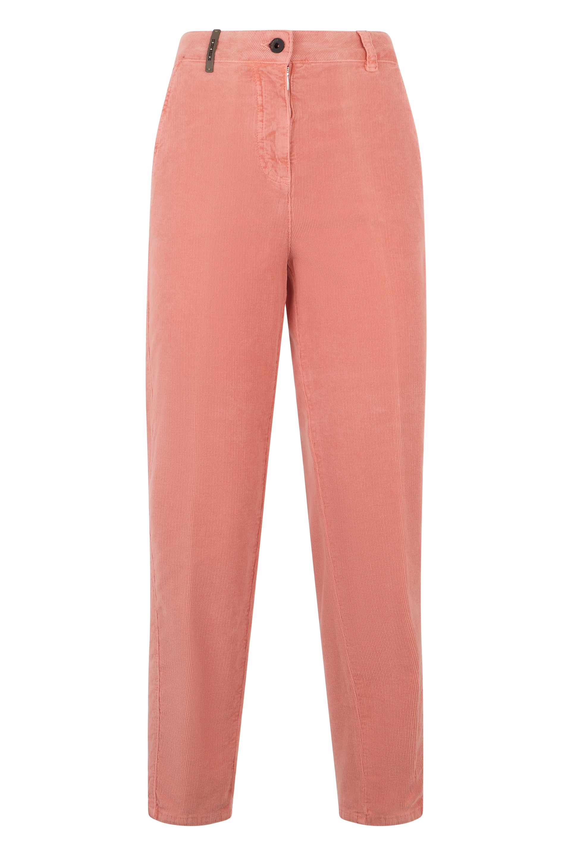 Salmon pink trousers in a corduroy fabric with an elegant design.