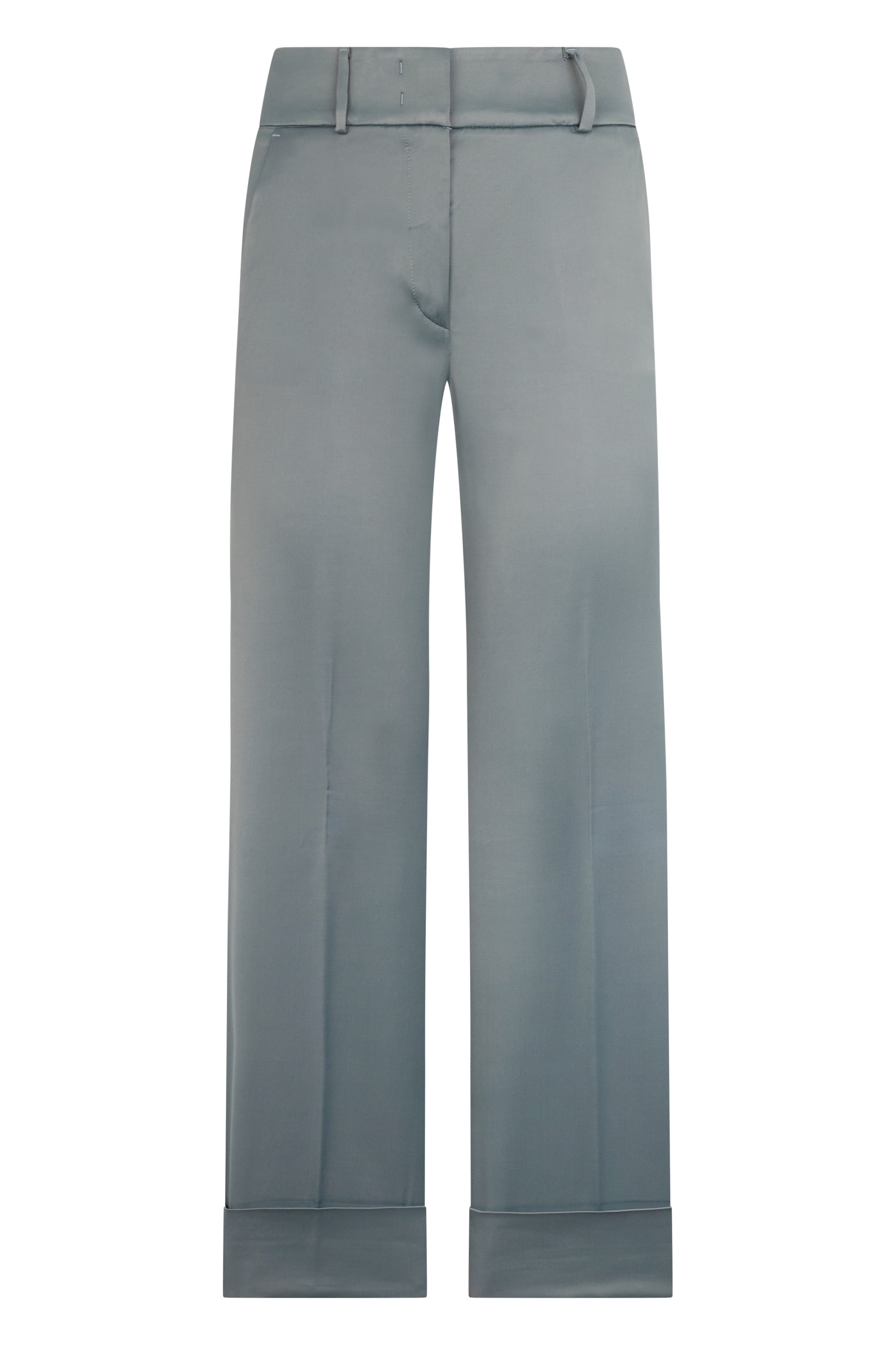 Loose gray trousers with a high waist and elegant design.