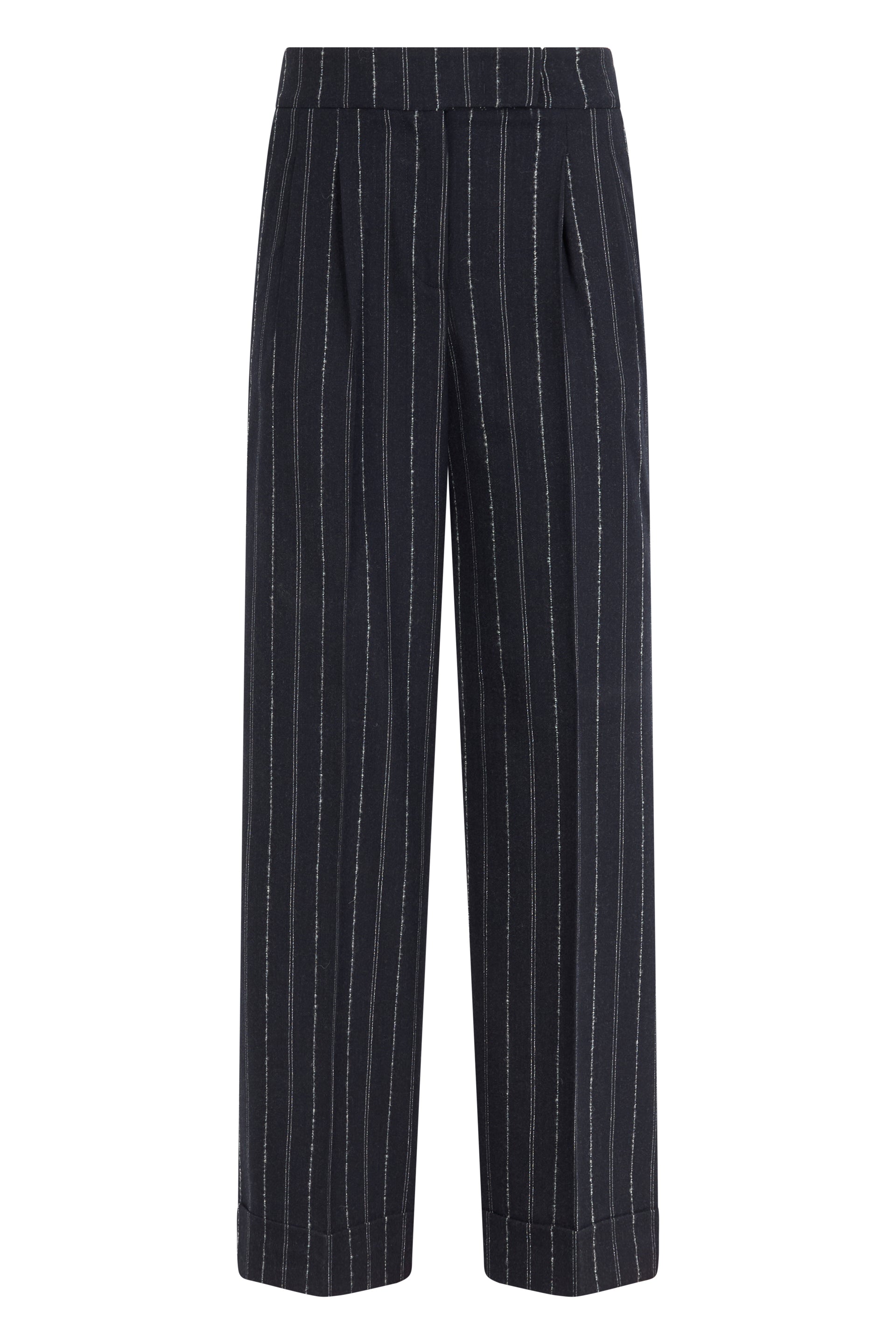 Dark gray pants with a striped pattern and wide leg.