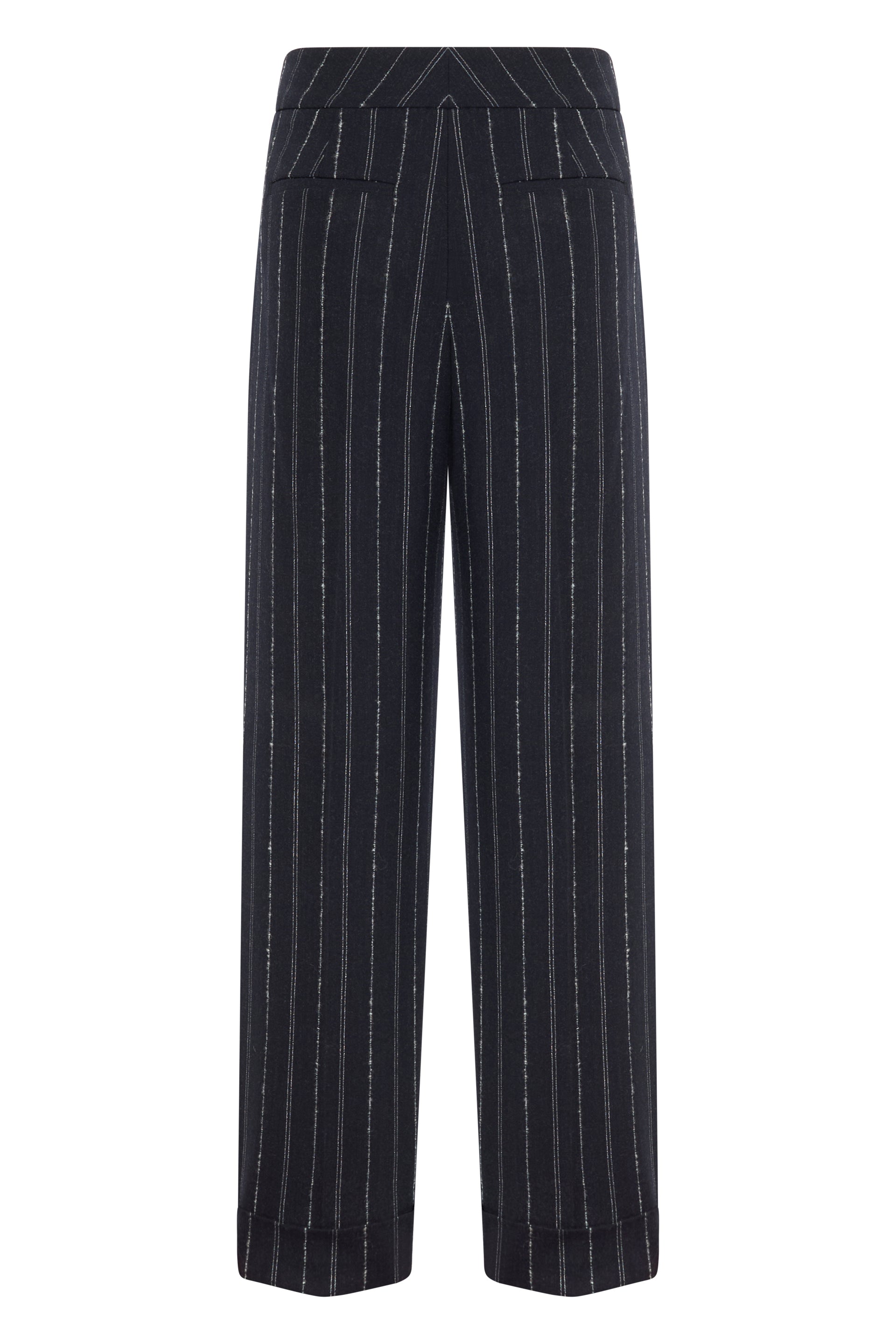 Dark gray pants with a striped pattern and wide leg.