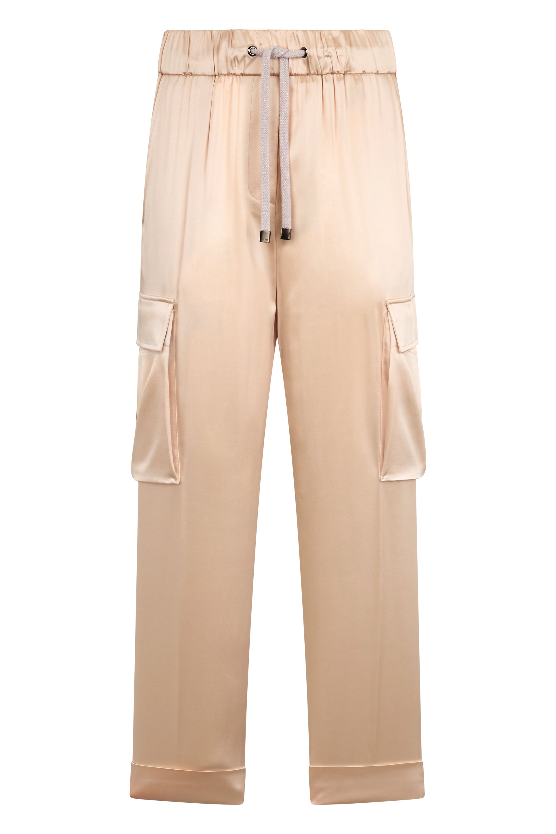 Beige cargo pants with spacious side pockets.