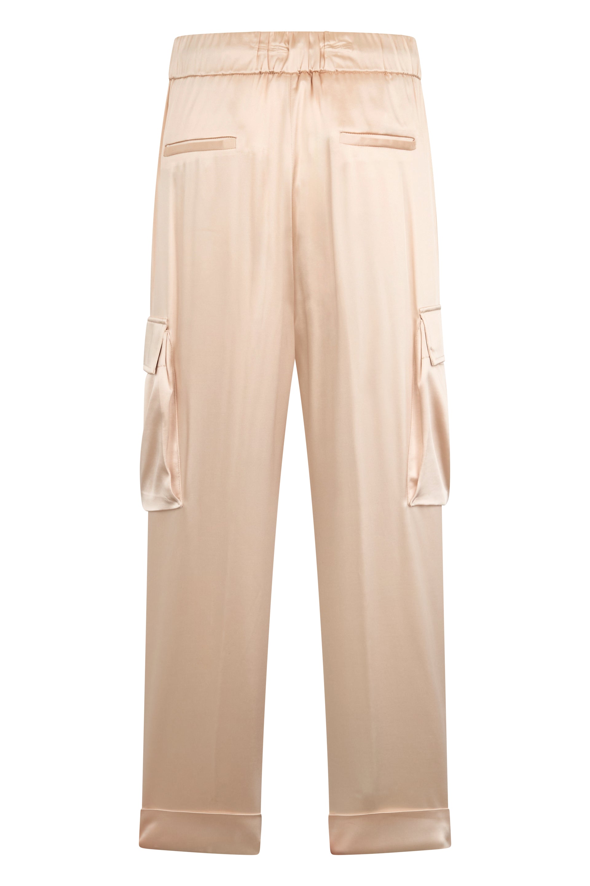 Beige cargo pants with spacious side pockets.
