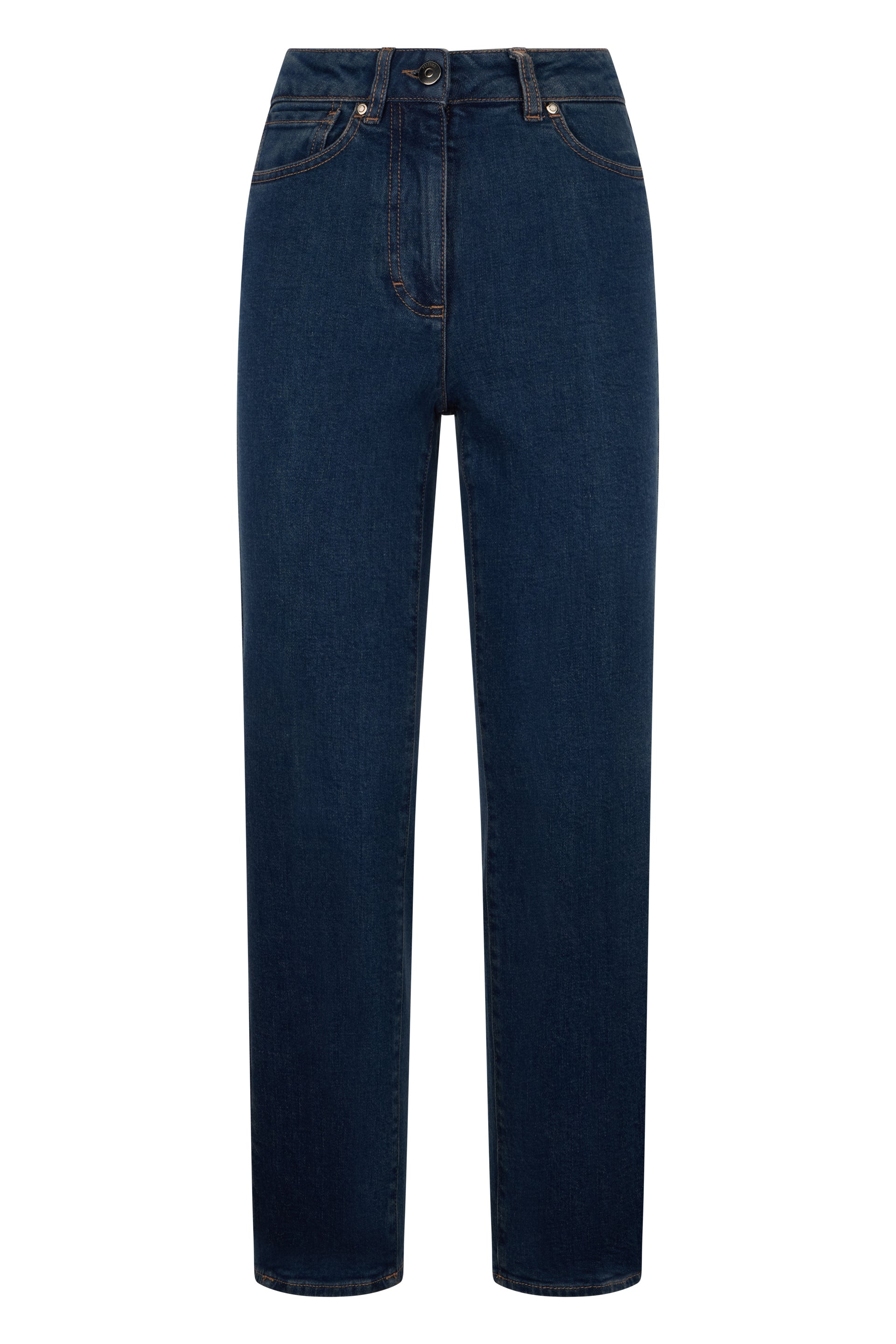 Dark blue denim pants with a straight fit.