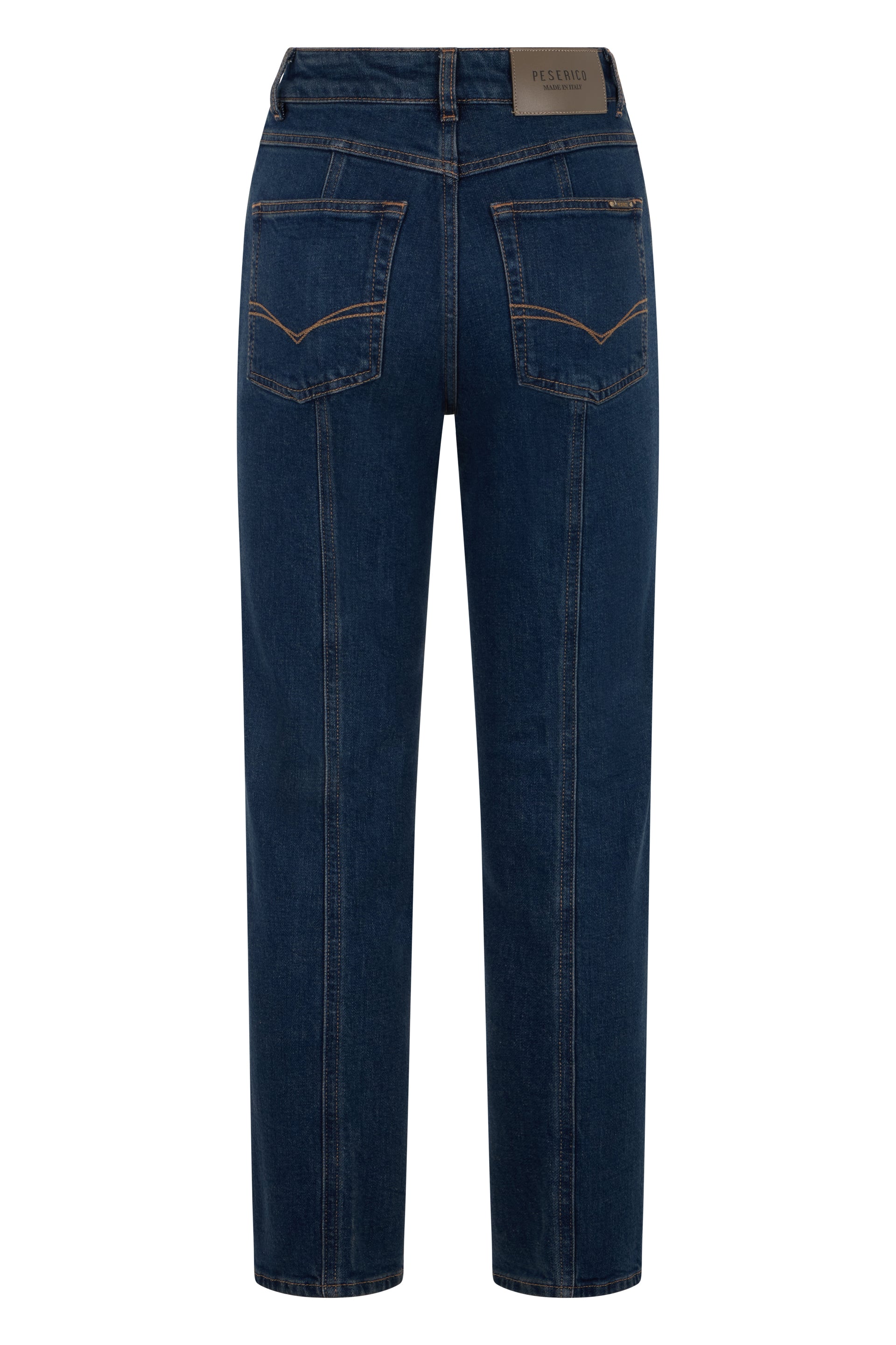 Dark blue denim pants with a straight fit.