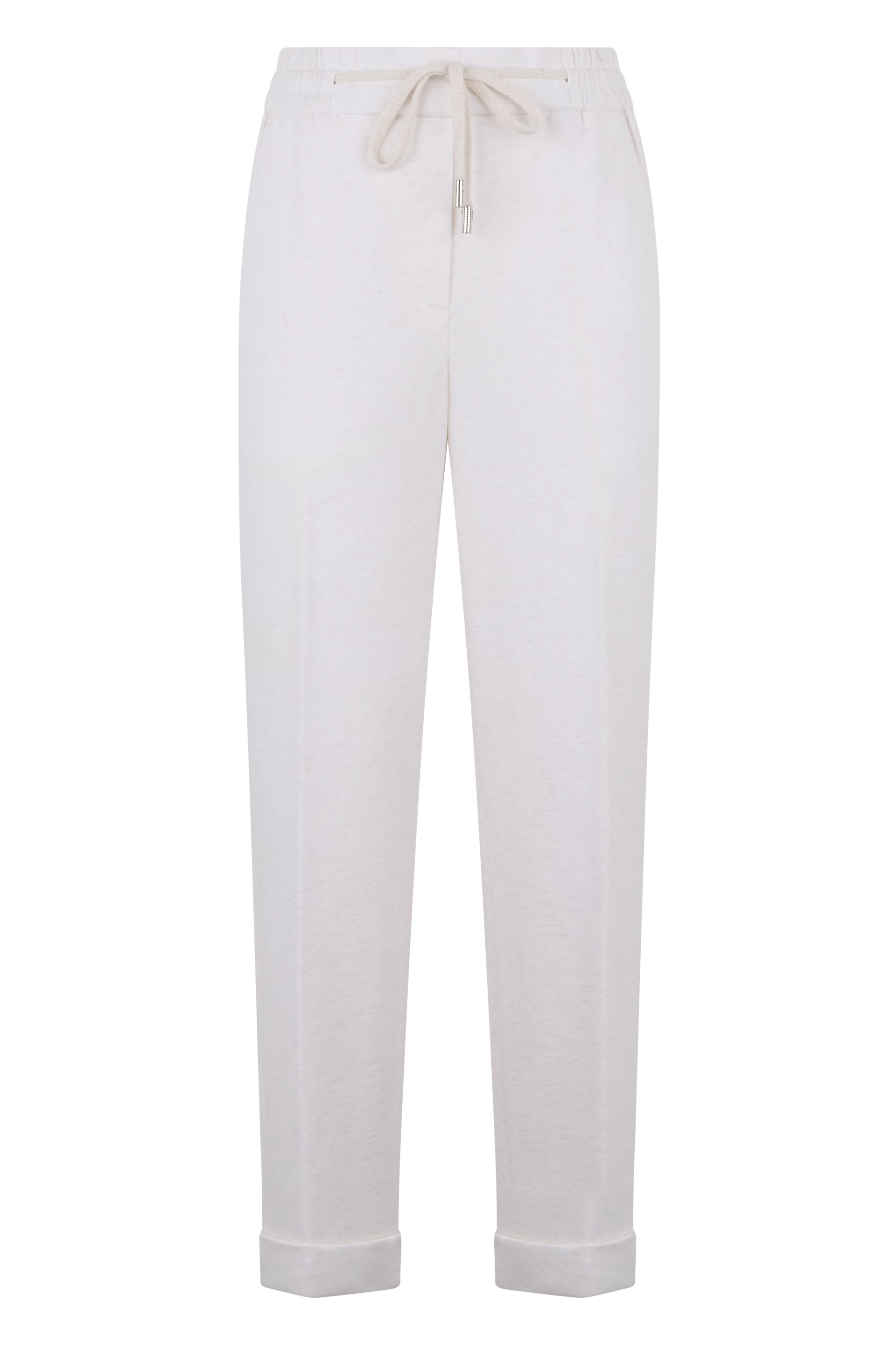 White pants with elastic at the waist in casual and minimalist design.