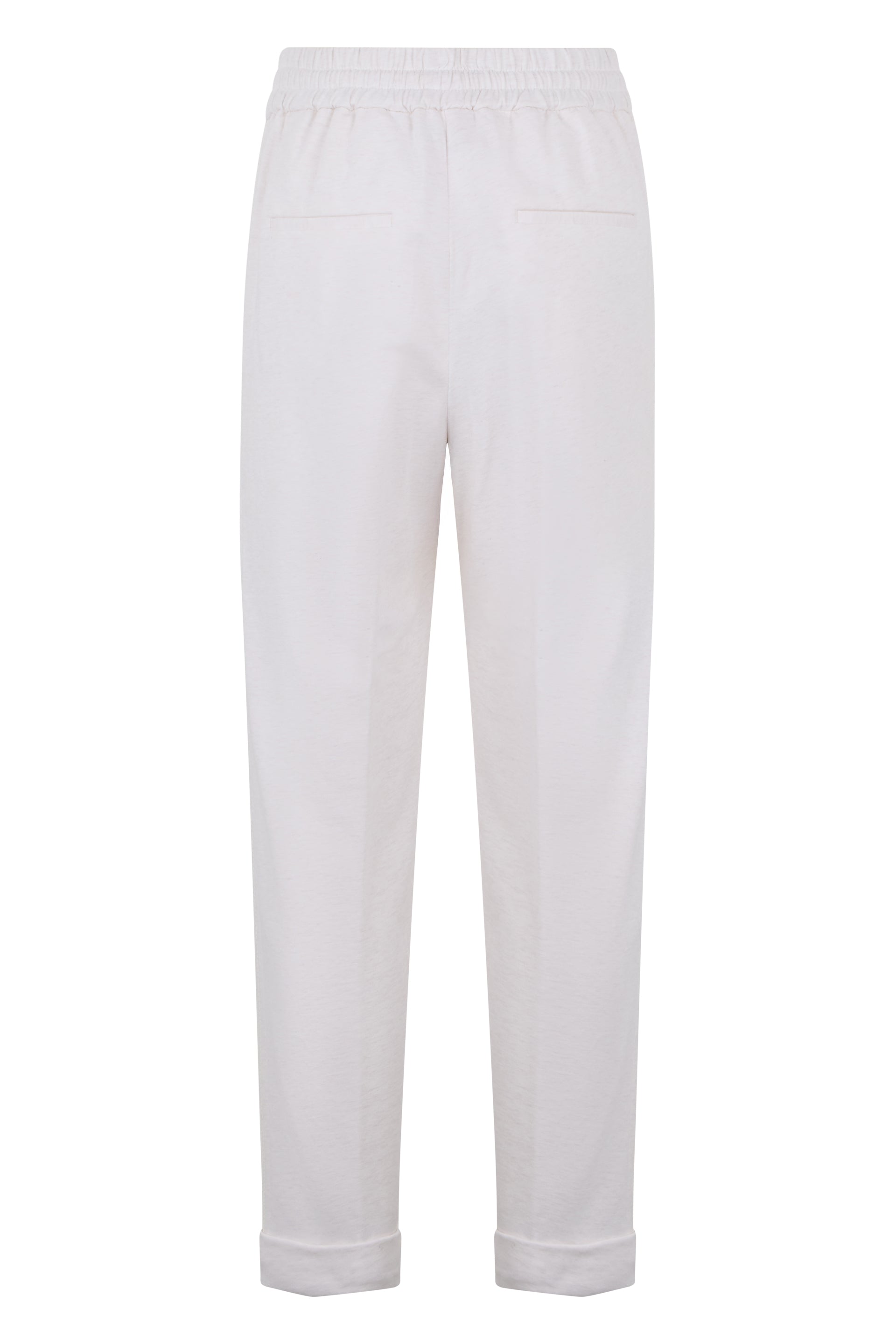 White pants with elastic at the waist in casual and minimalist design.