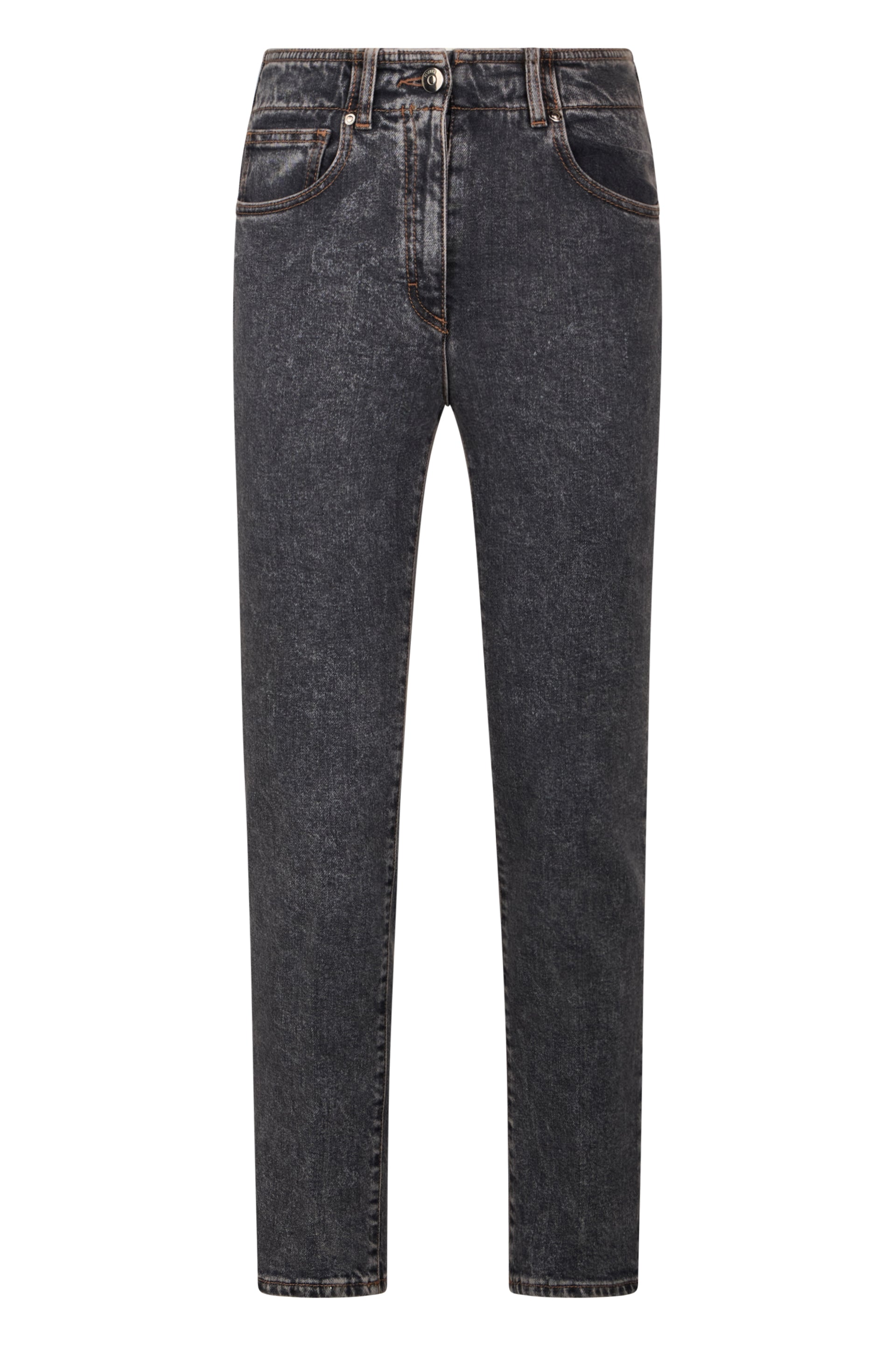 Black denim pants with a faded effect and straight cut.