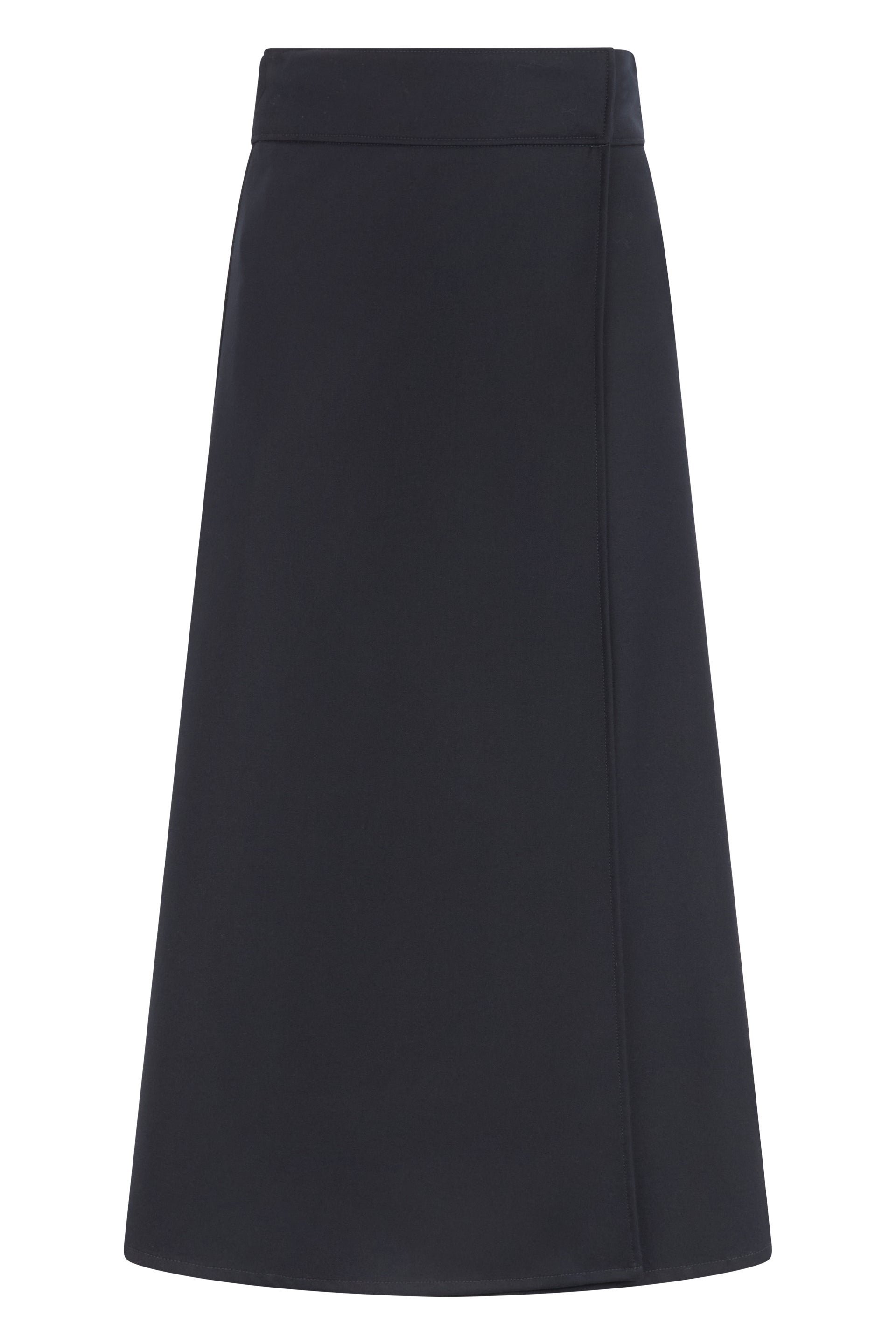 Long dark blue flared dress in soft versatile fabric.