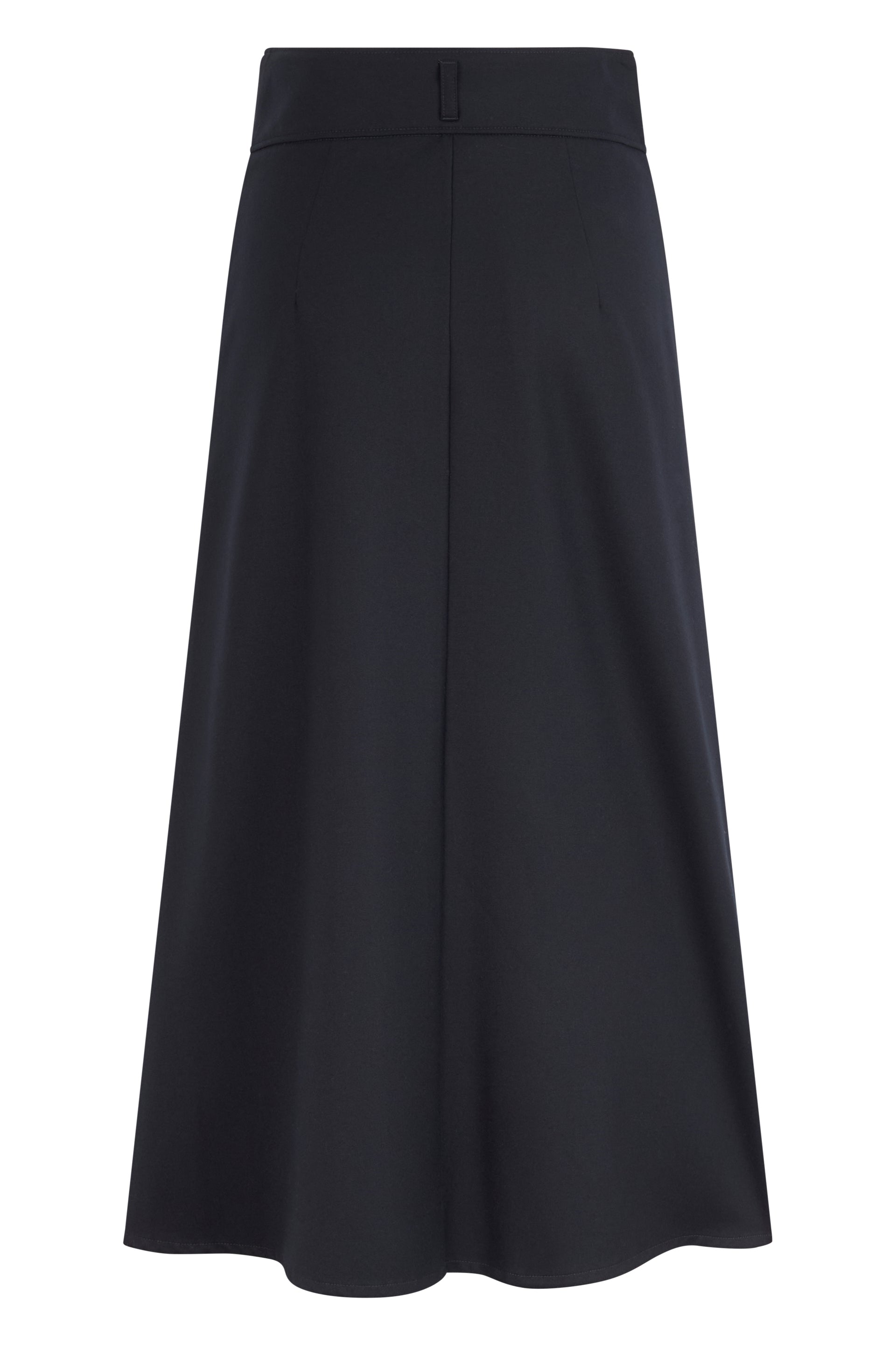 Long dark blue flared dress in soft versatile fabric.
