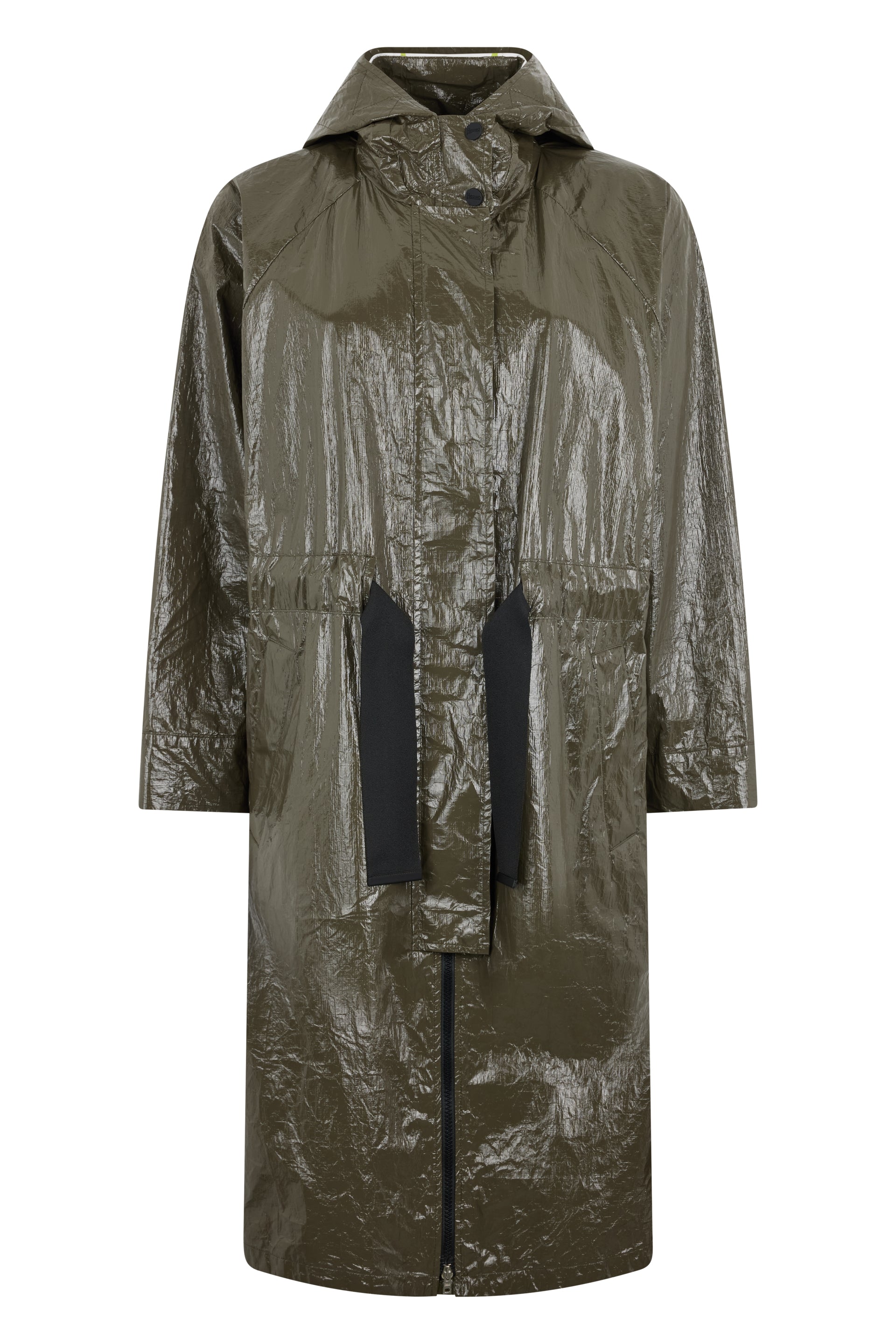 Elegant long coat with hood and belt