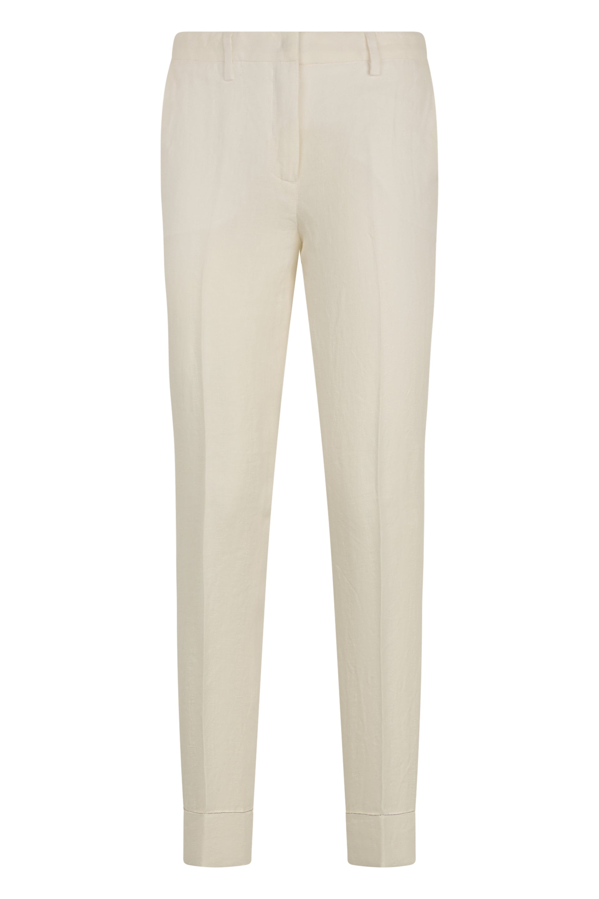High-waisted sand-colored fitted pants, casual and versatile.