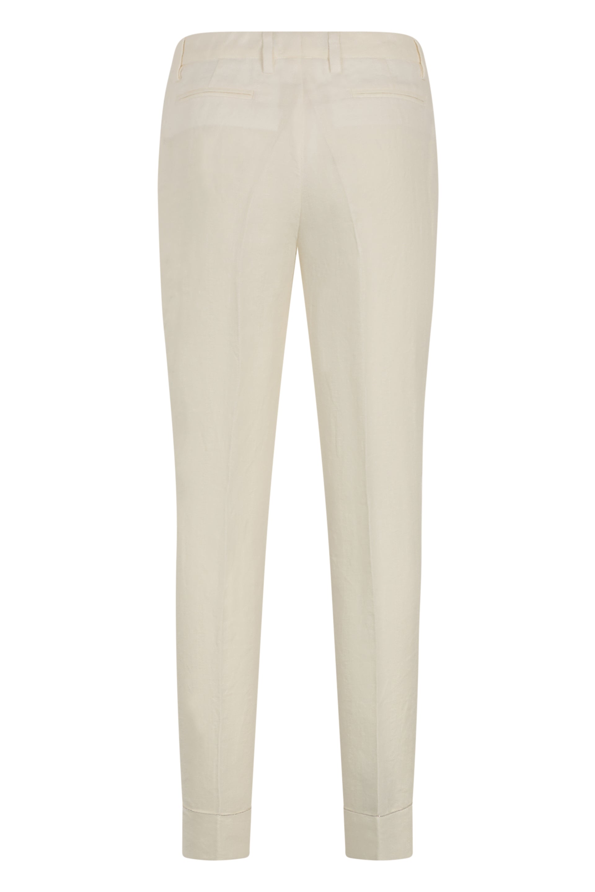 High-waisted sand-colored fitted pants, casual and versatile.