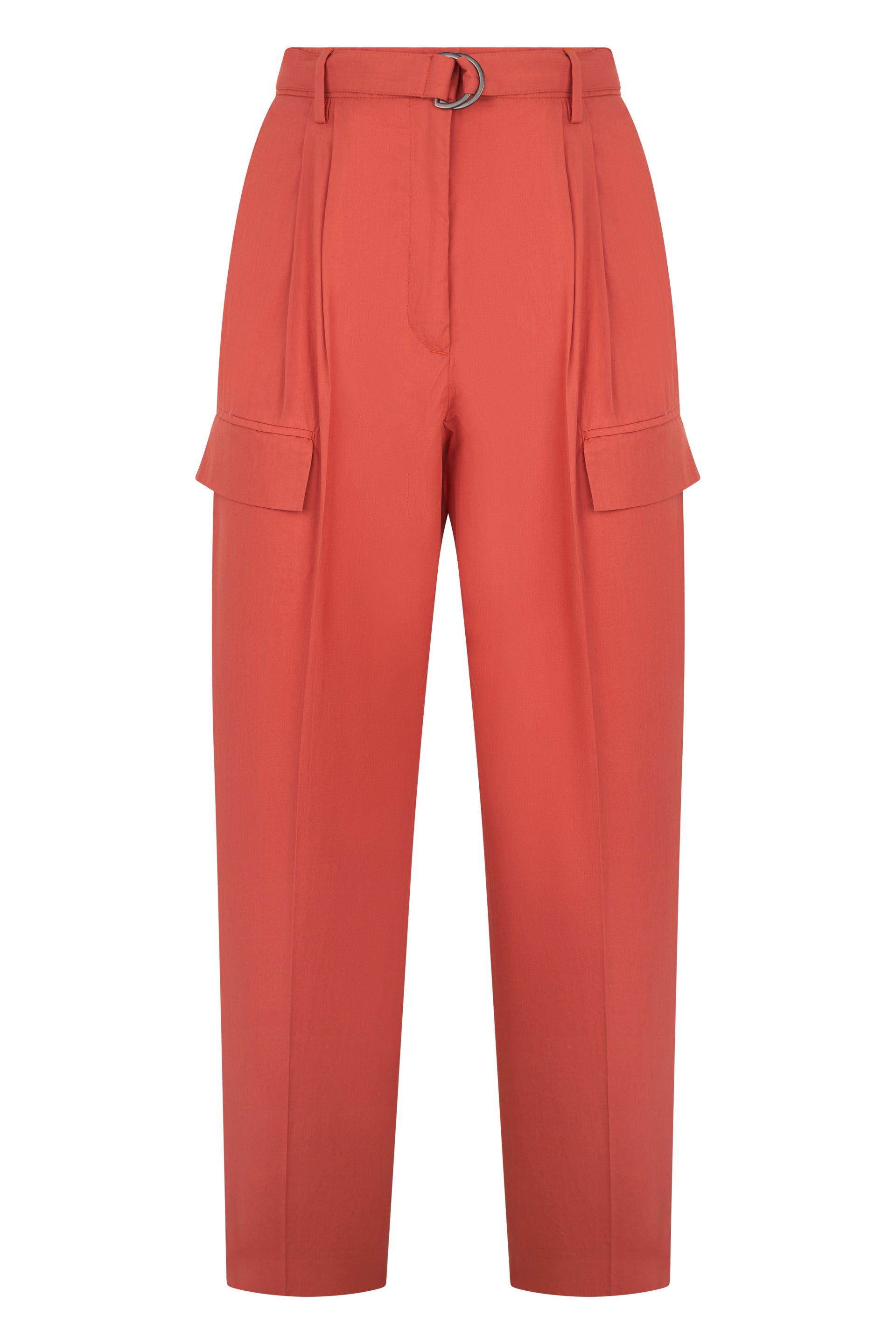 Red pants with a belt, modern and versatile.