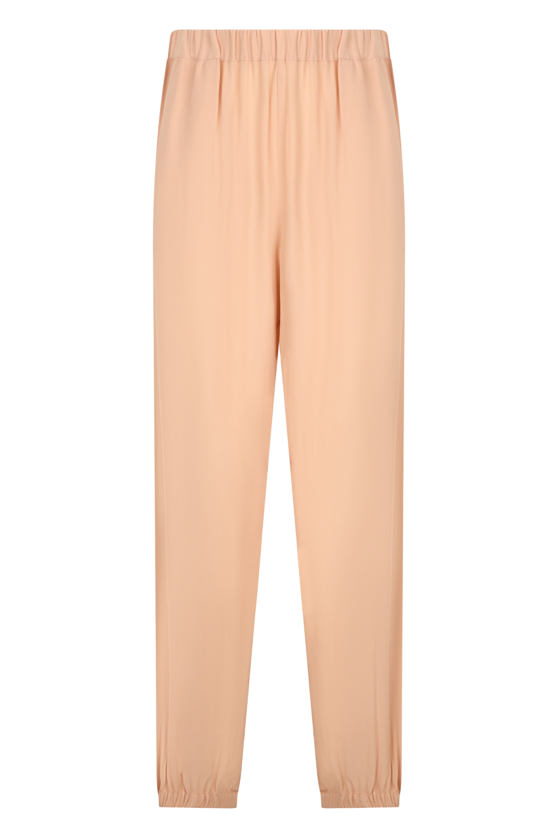 Elegant salmon pink pants in soft versatile fabric.