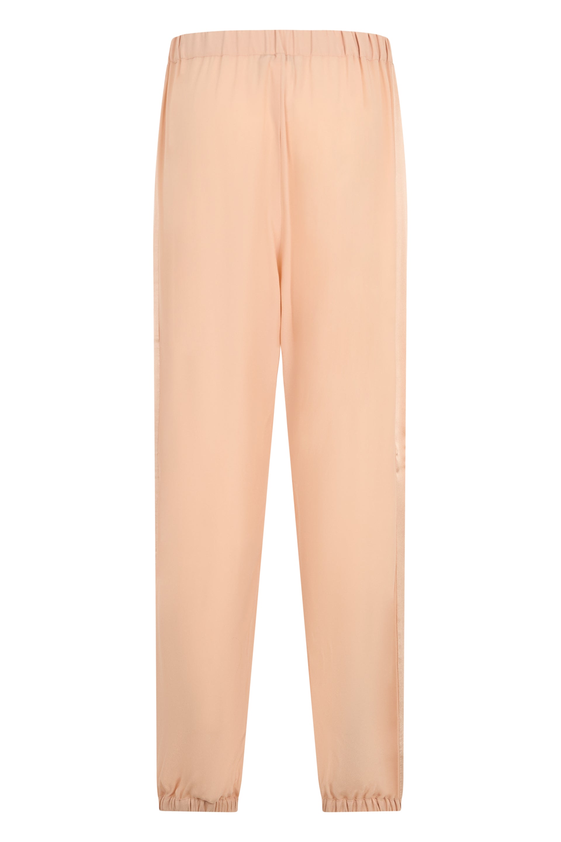 Elegant salmon pink pants in soft versatile fabric.