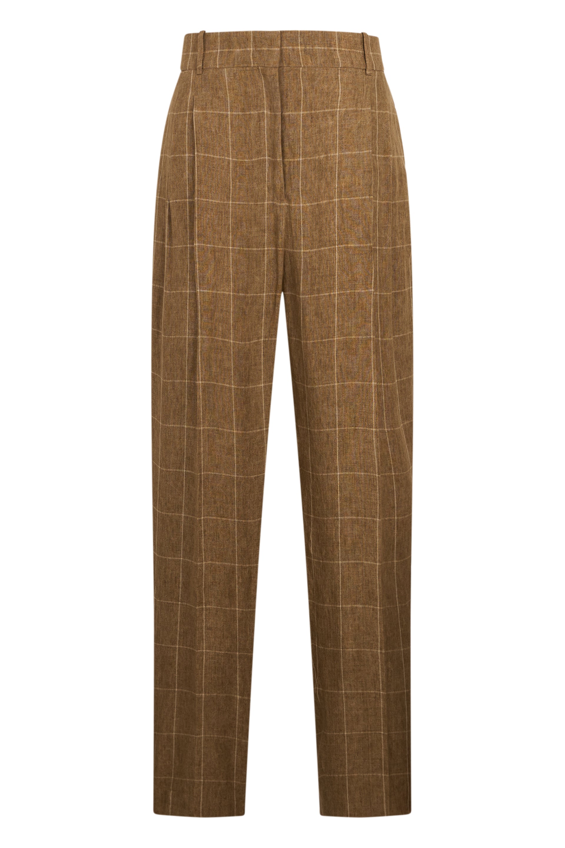 Elegant tapered pants in plaid camel color.