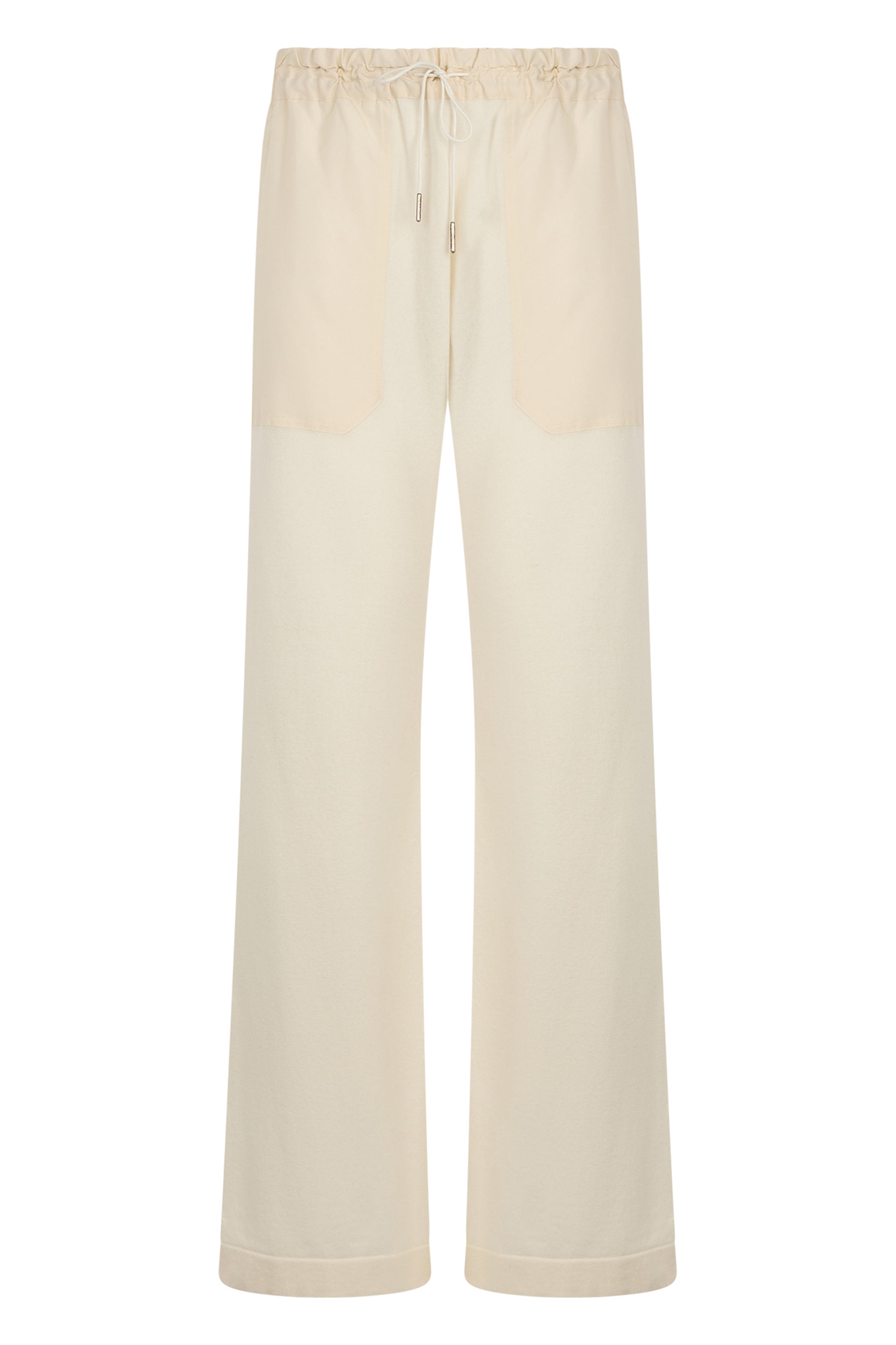 Long sand-colored trousers, elegant and versatile.