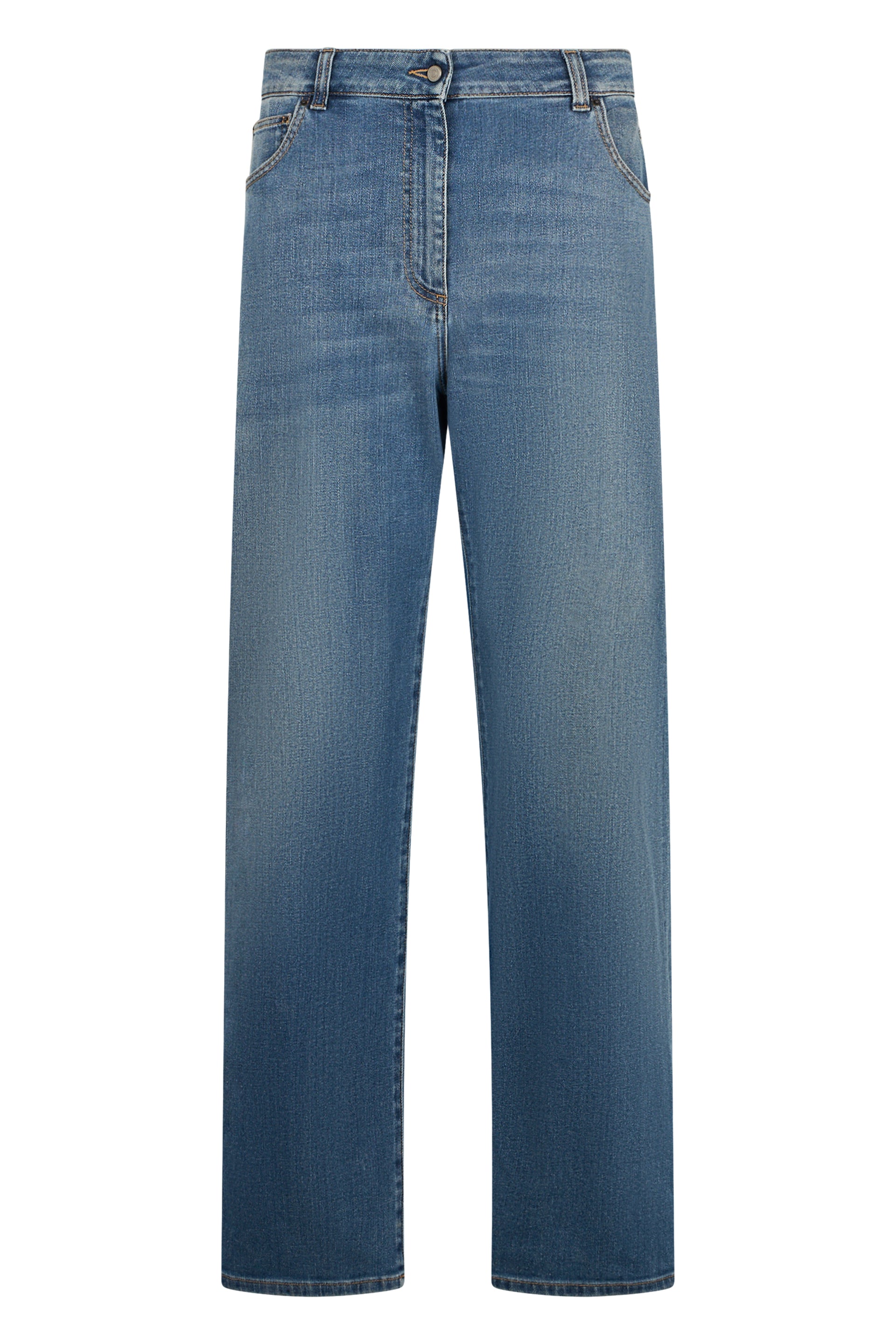 Blue straight jeans, comfortable and versatile.