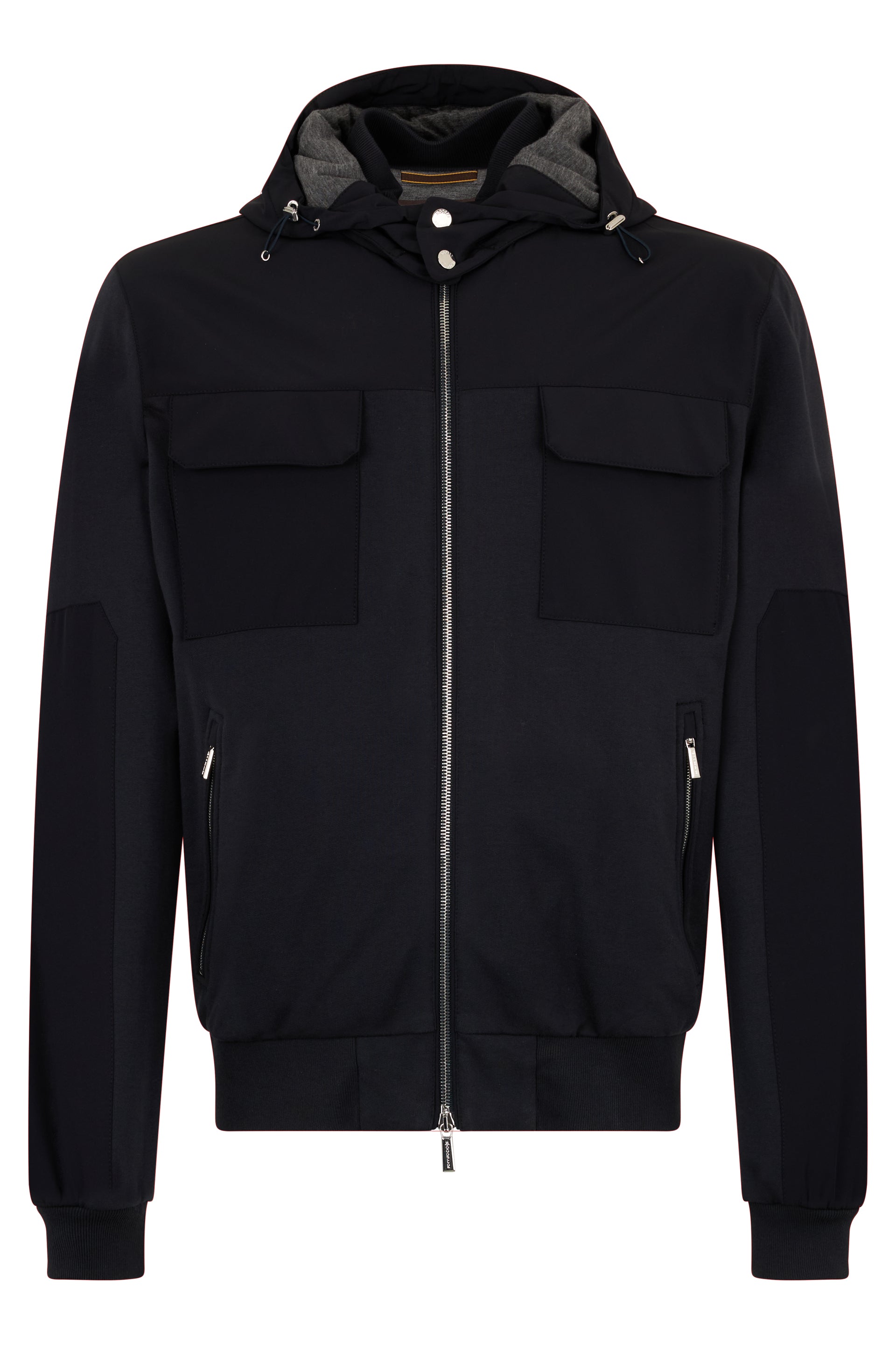 Black jacket with hood, minimalist and practical