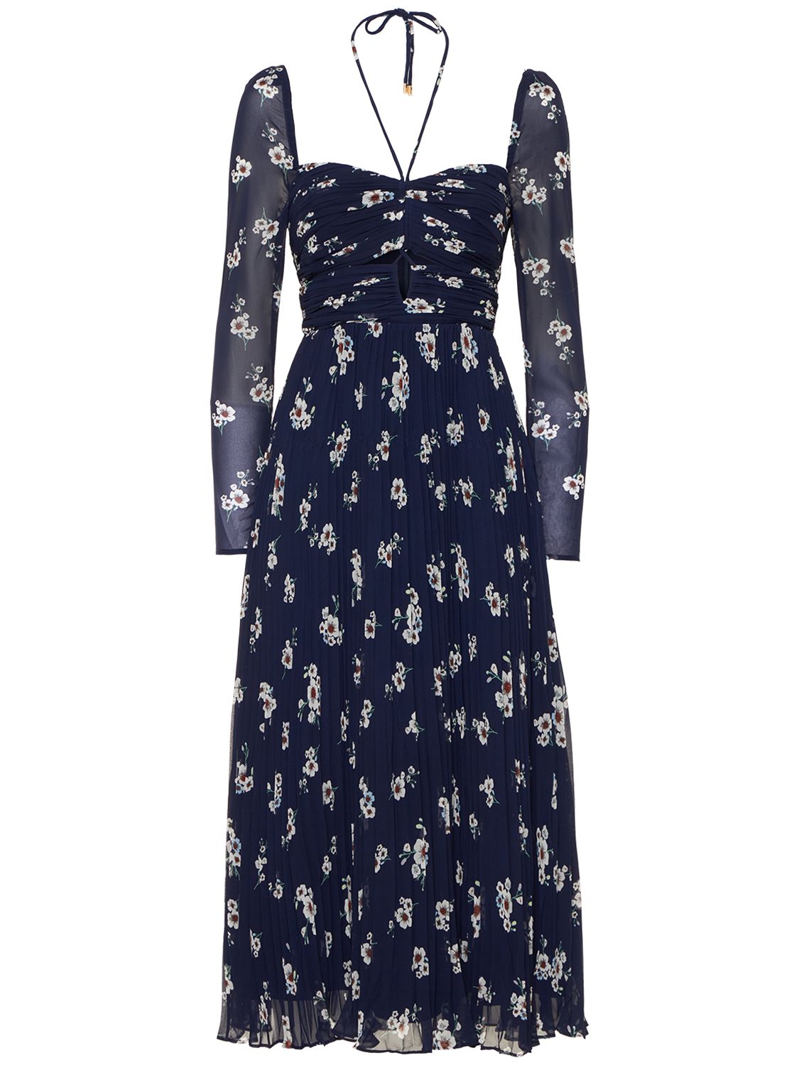 Elegant long dress with blue fantasy print