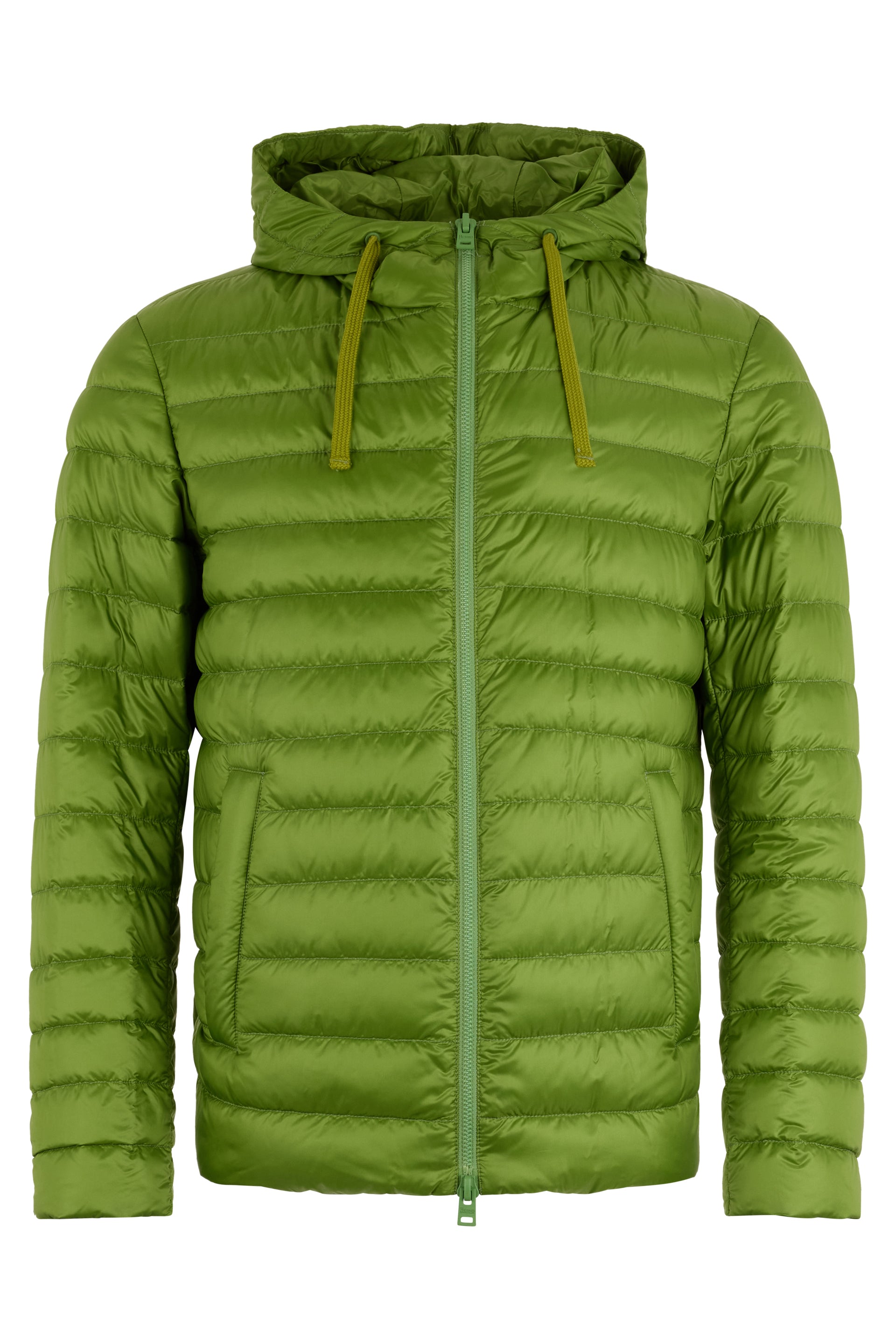 Green padded jacket with hood and zipper
