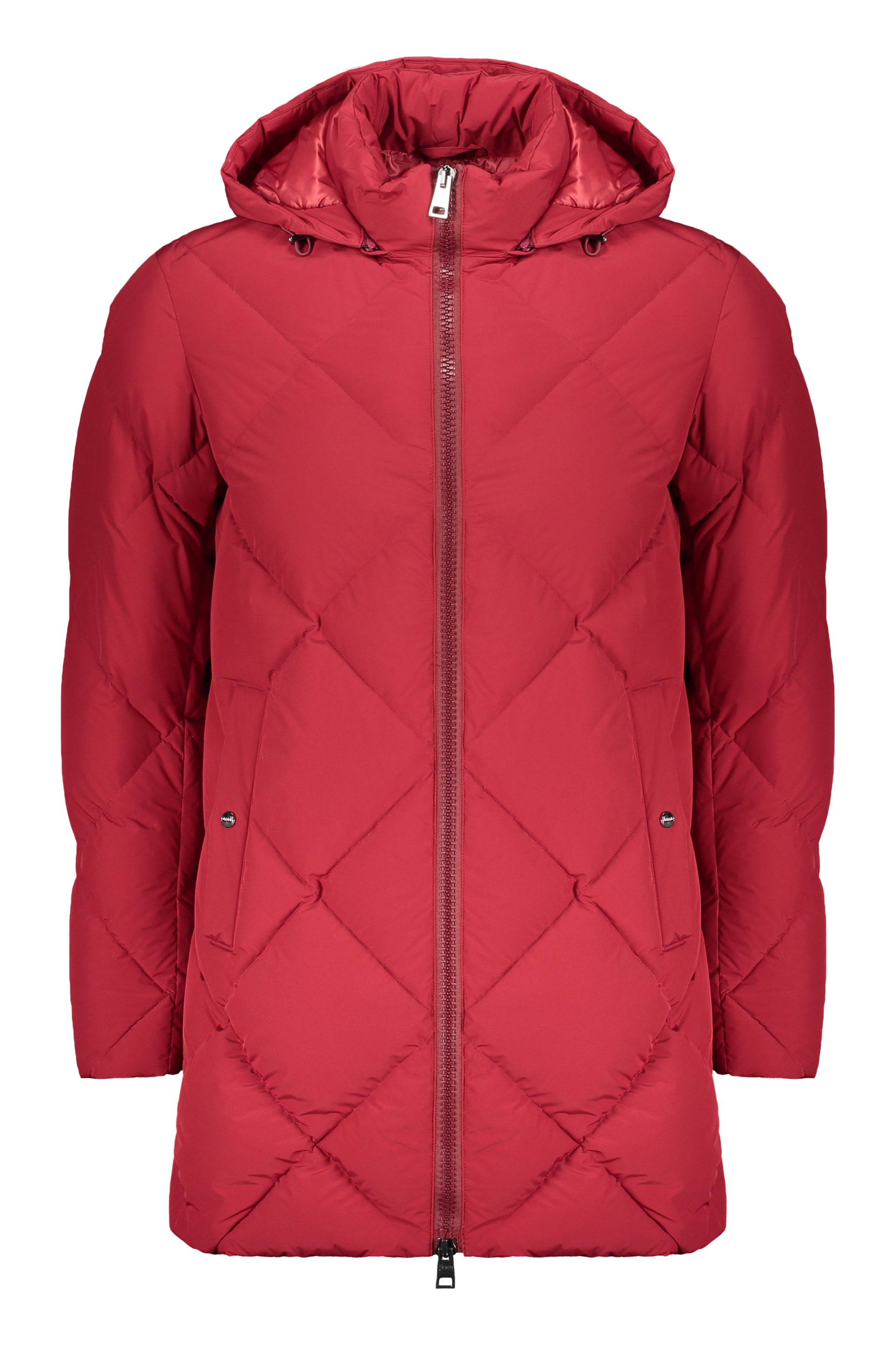 Red padded jacket with hood