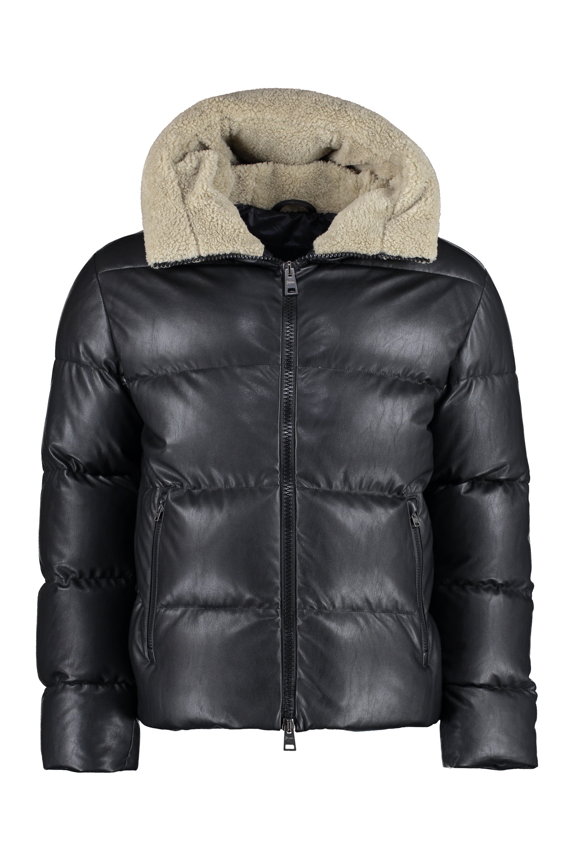 Hooded bomber-style down jacket