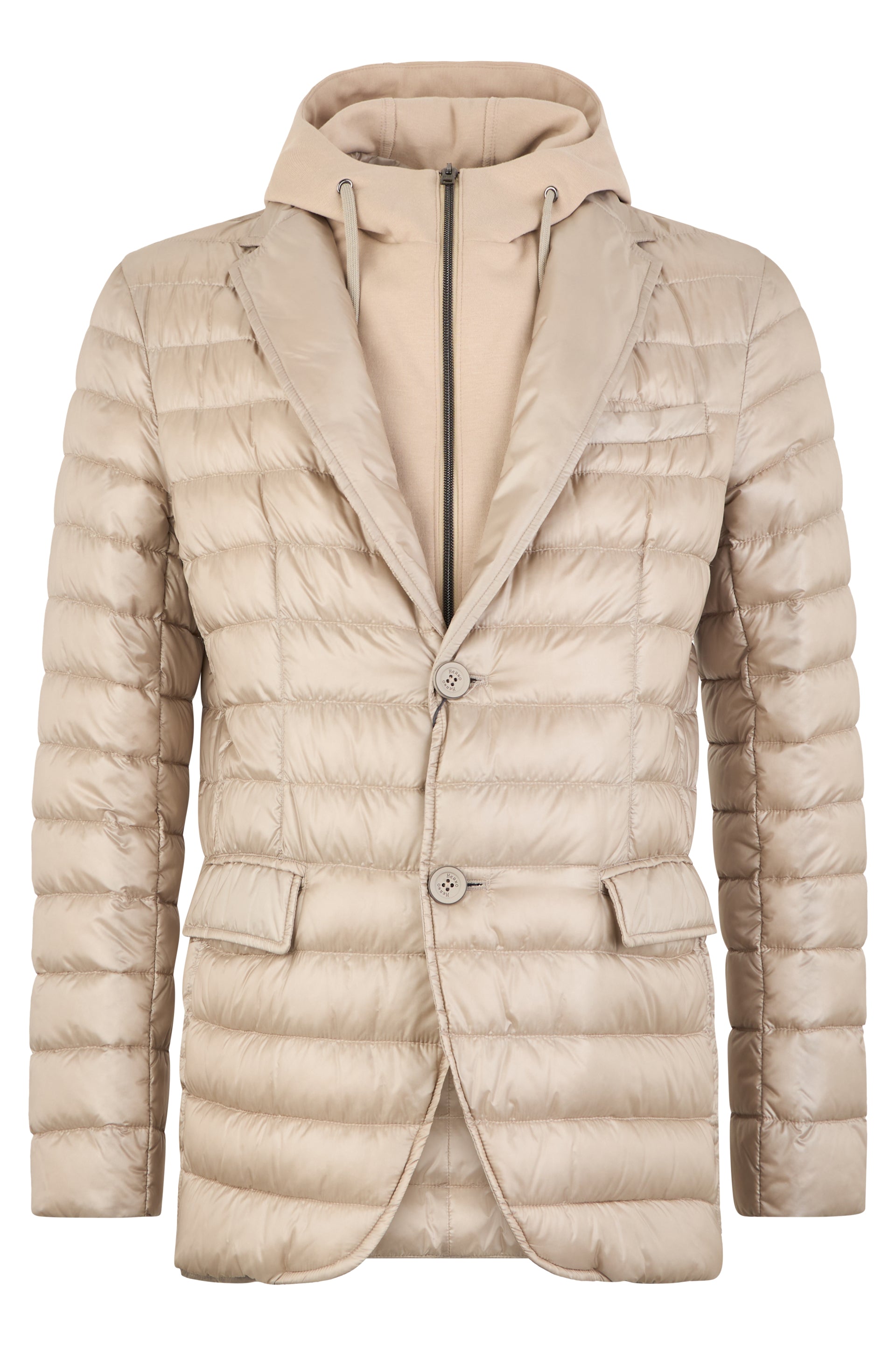 Padded jacket in sand tones with hood, elegance and comfort guaranteed