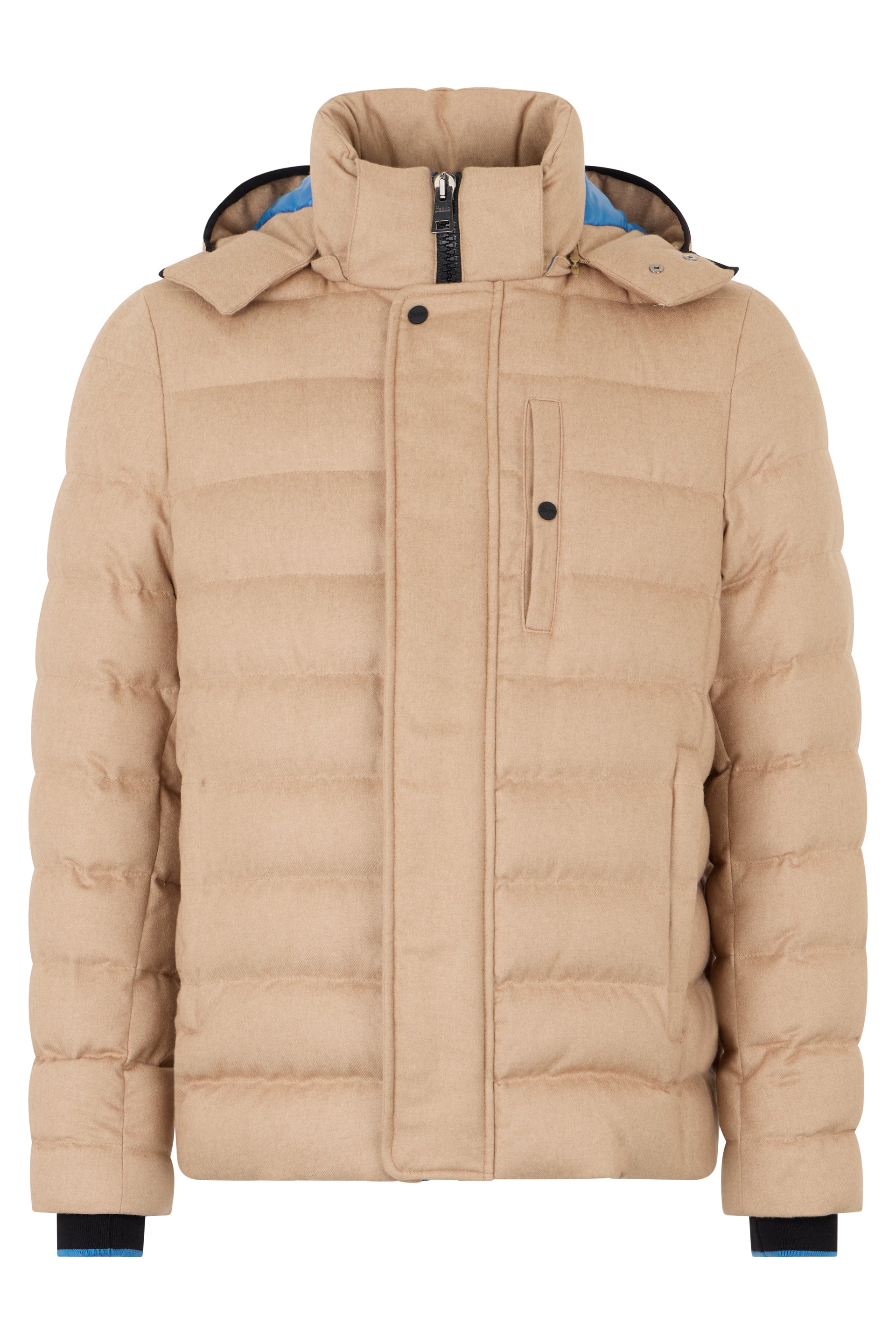 Beige padded jacket with hood and high collar