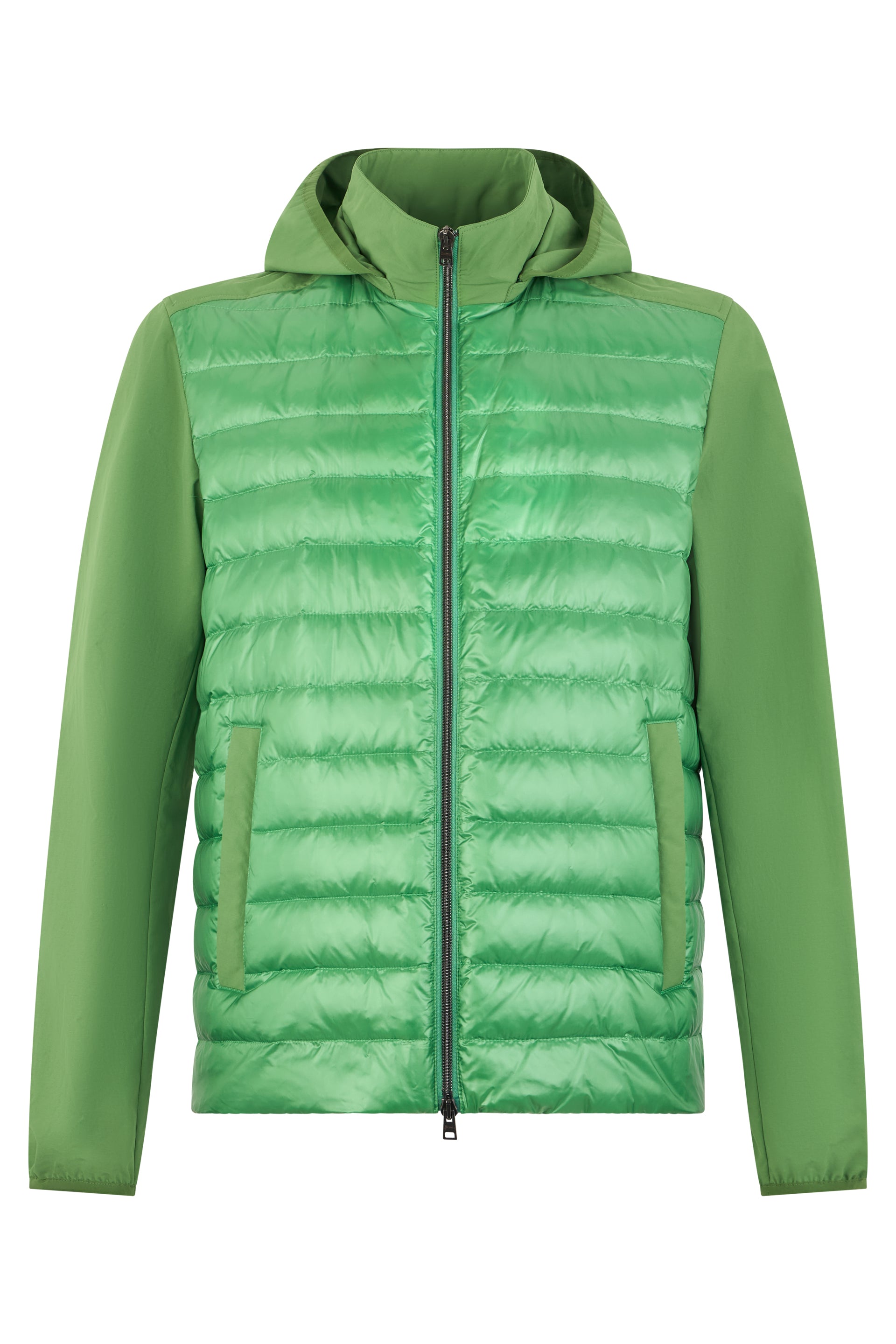 Green padded jacket with hood, versatile and modern