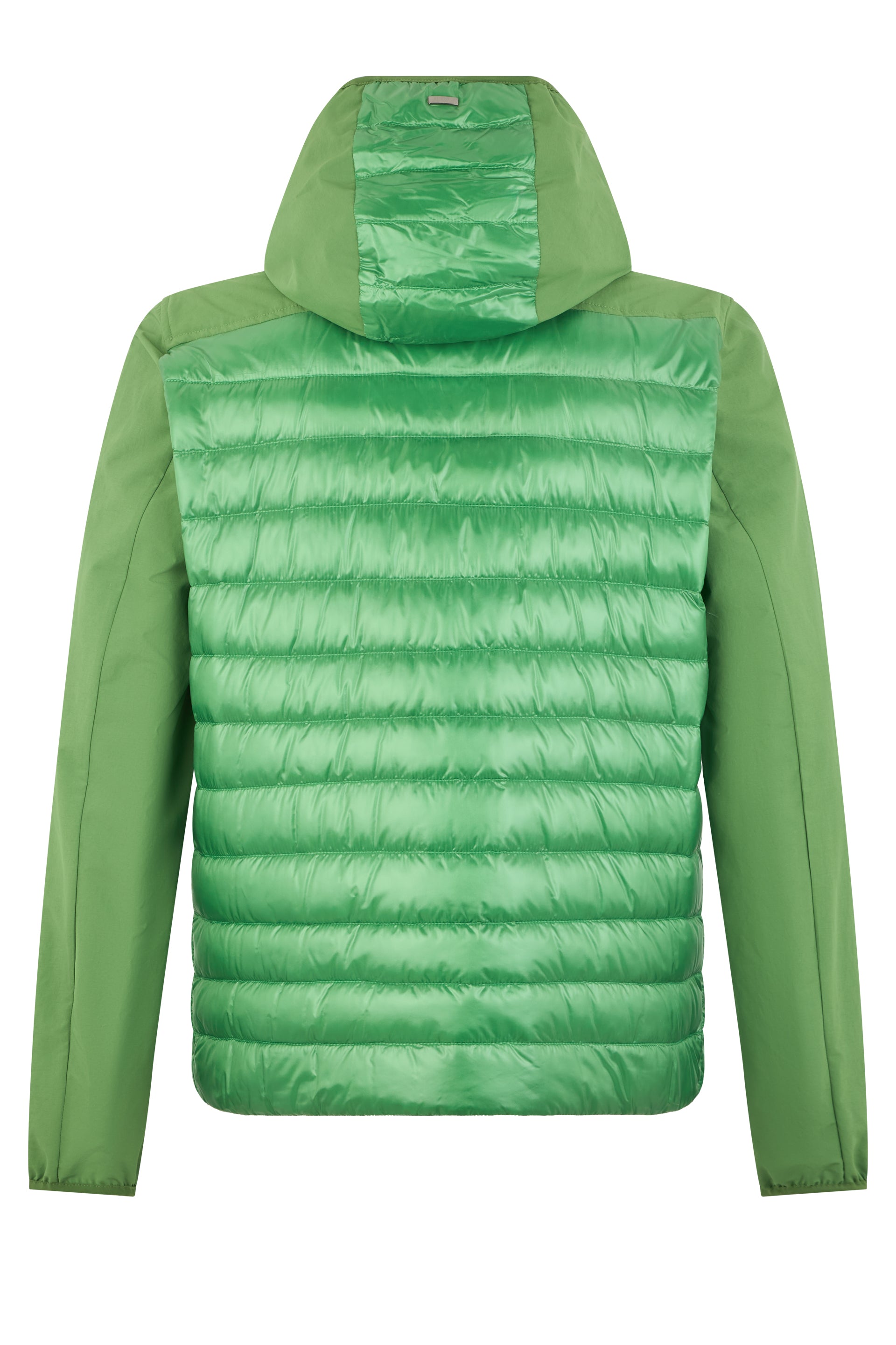 Green padded jacket with hood, versatile and modern
