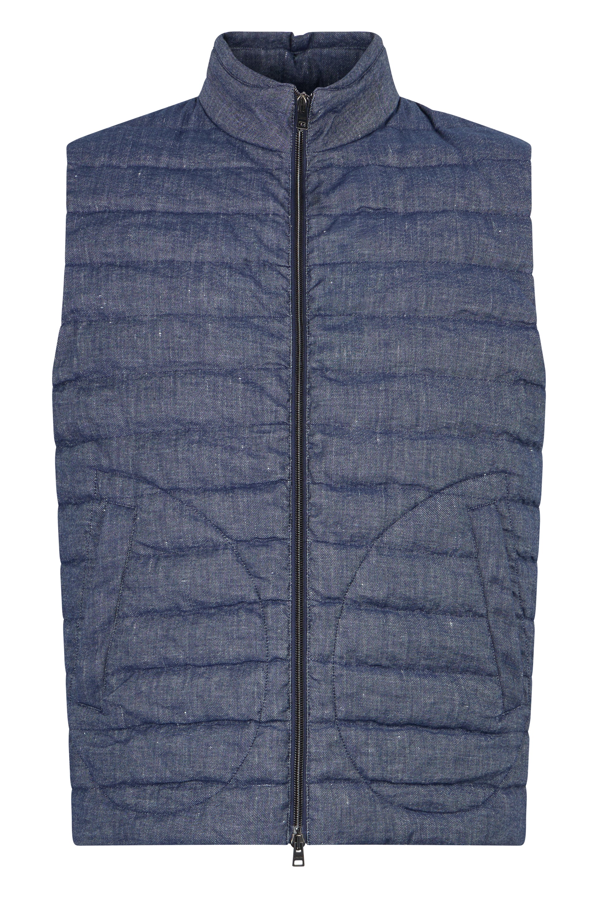 Blue quilted denim gilet with modern design